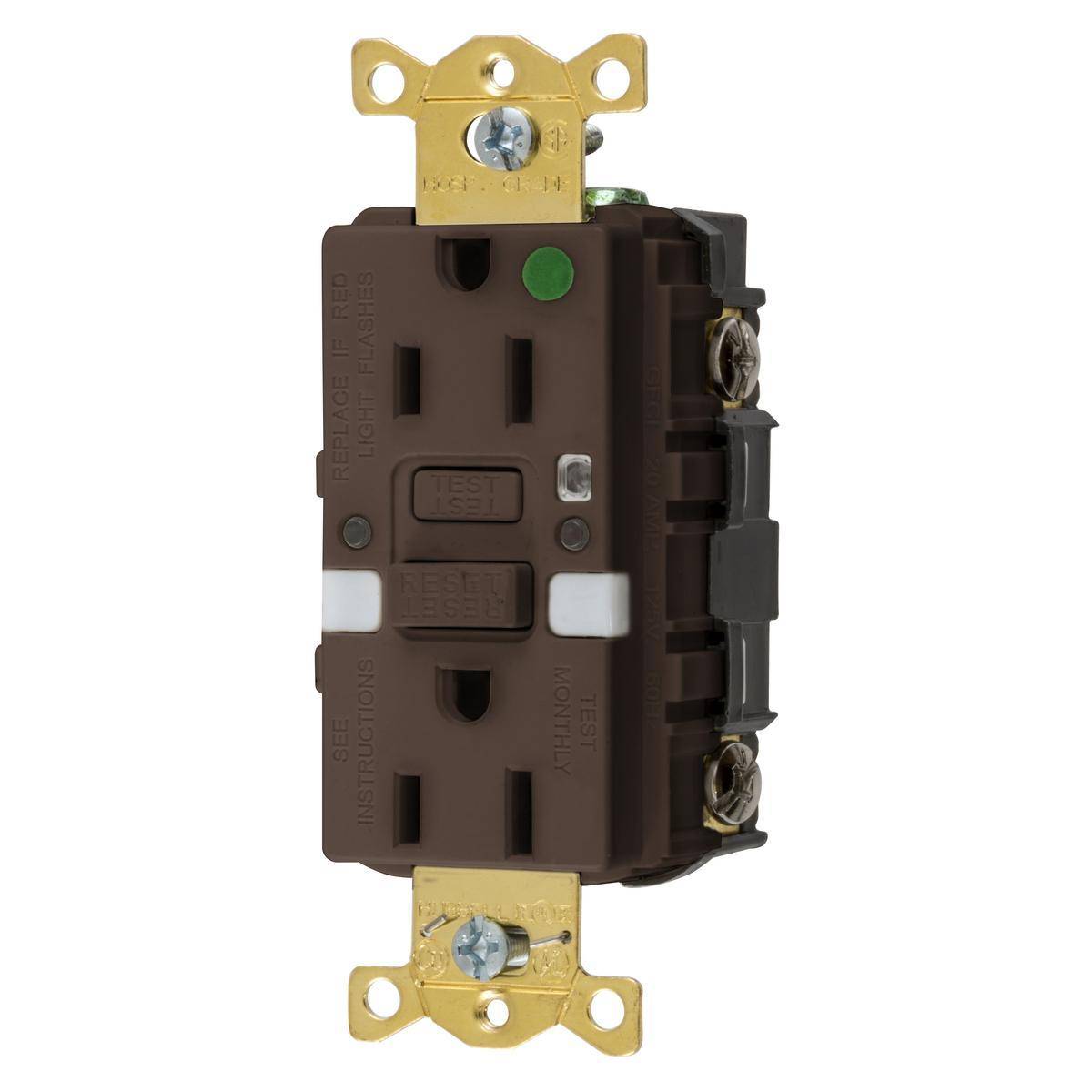 Wiring Device-Kellems GFRST82NL Grounding Heavy Duty Standard Self-Test Straight Blade GFCI Receptacle, 125 VAC, 15 A, 2 Poles, 3 Wires, Brown