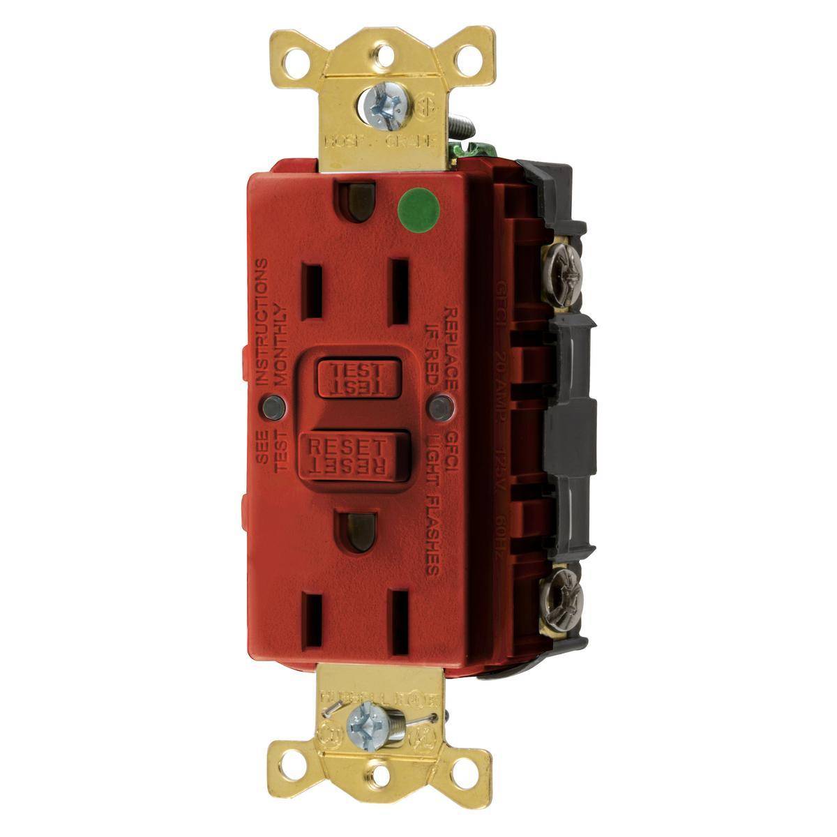 Wiring Device-Kellems AUTOGUARD® Style Line® GFRST82R 1-Phase Decorator Duplex Self-Test Standard Straight Blade Screw Mount GFCI Receptacle, 125 VAC, 15 A, 2 Poles, 3 Wires, Red