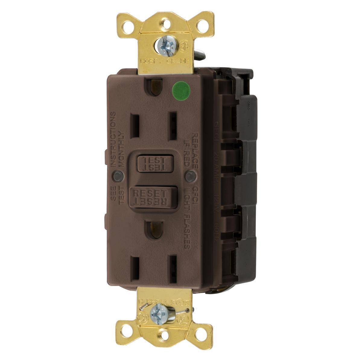 Wiring Device-Kellems GFRST82SNAP 1-Phase Self-Test Straight Blade Standard GFCI Receptacle, 125 VAC, 15 A, 2 Poles, 3 Wires, Brown