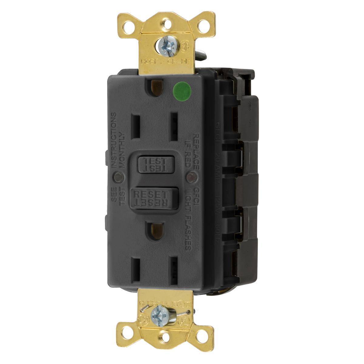 Wiring Device-Kellems GFRST82SNAPBK 1-Phase Self-Test Straight Blade Standard GFCI Receptacle, 125 VAC, 15 A, 2 Poles, 3 Wires, Black