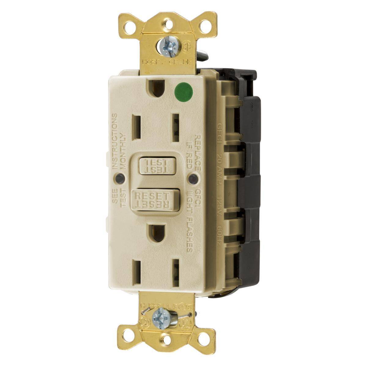 Wiring Device-Kellems GFRST82SNAPI 1-Phase Self-Test Straight Blade Standard GFCI Receptacle, 125 VAC, 15 A, 2 Poles, 3 Wires, Ivory