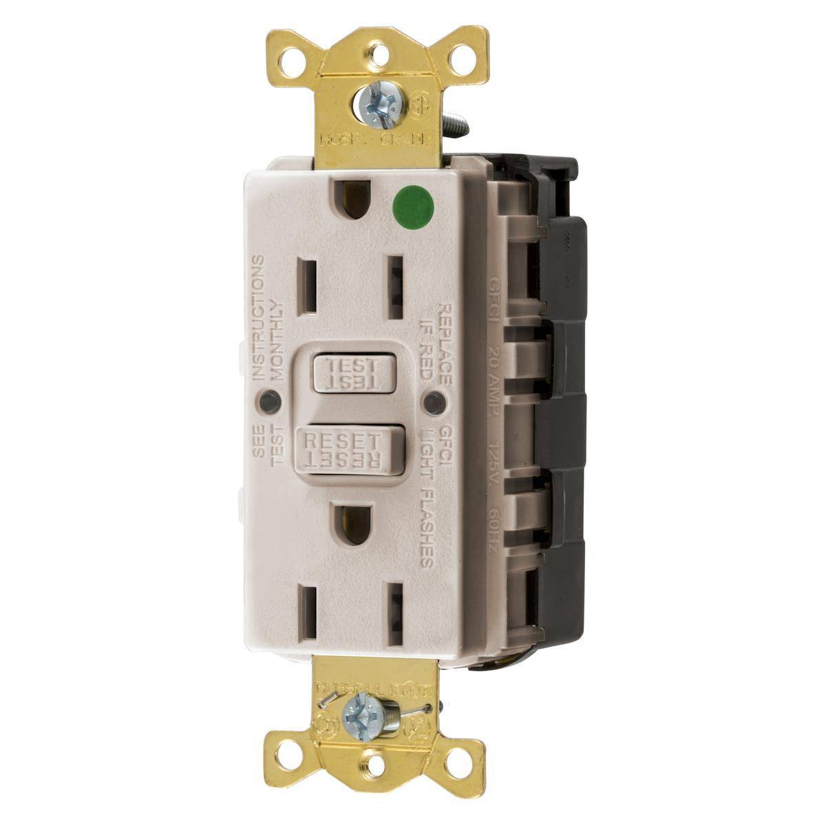 Wiring Device-Kellems SNAPConnect® Style Line® GFRST82SNAPLA 1-Phase Self-Test Straight Blade Standard GFCI Receptacle, 125 VAC, 15 A, 2 Poles, 3 Wires, Light Almond