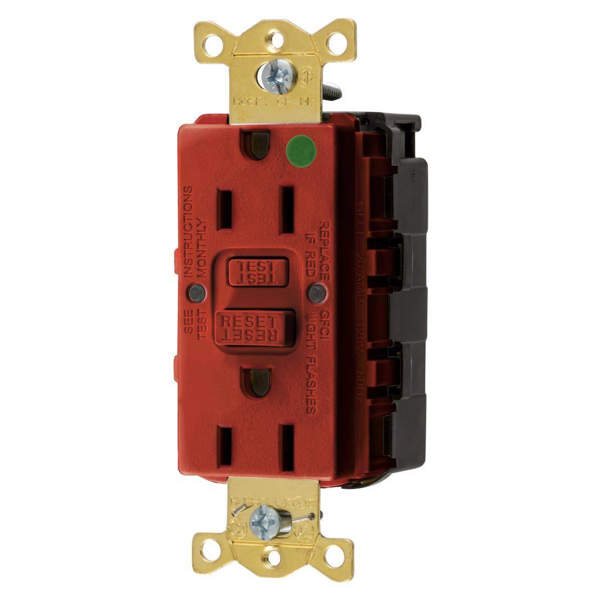 Wiring Device-Kellems SNAPConnect® Style Line® GFRST82SNAPR 1-Phase Self-Test Straight Blade Standard GFCI Receptacle, 125 VAC, 15 A, 2 Poles, 3 Wires, Red