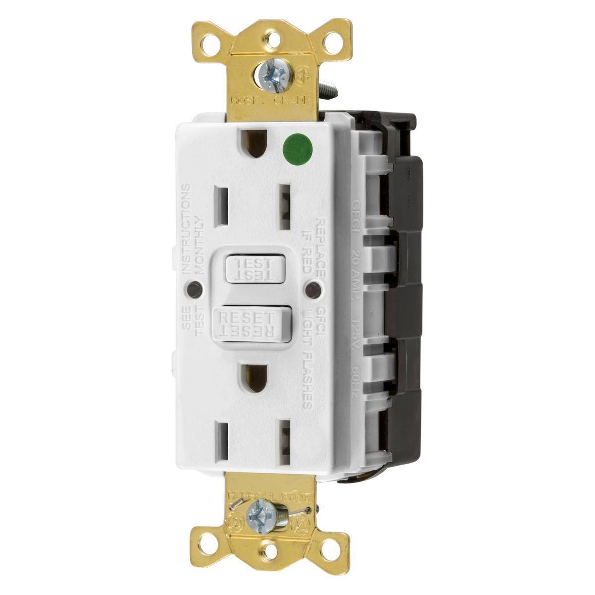 Wiring Device-Kellems SNAPConnect® Style Line® GFRST82SNAPW 1-Phase Self-Test Straight Blade Standard GFCI Receptacle, 125 VAC, 15 A, 2 Poles, 3 Wires, White