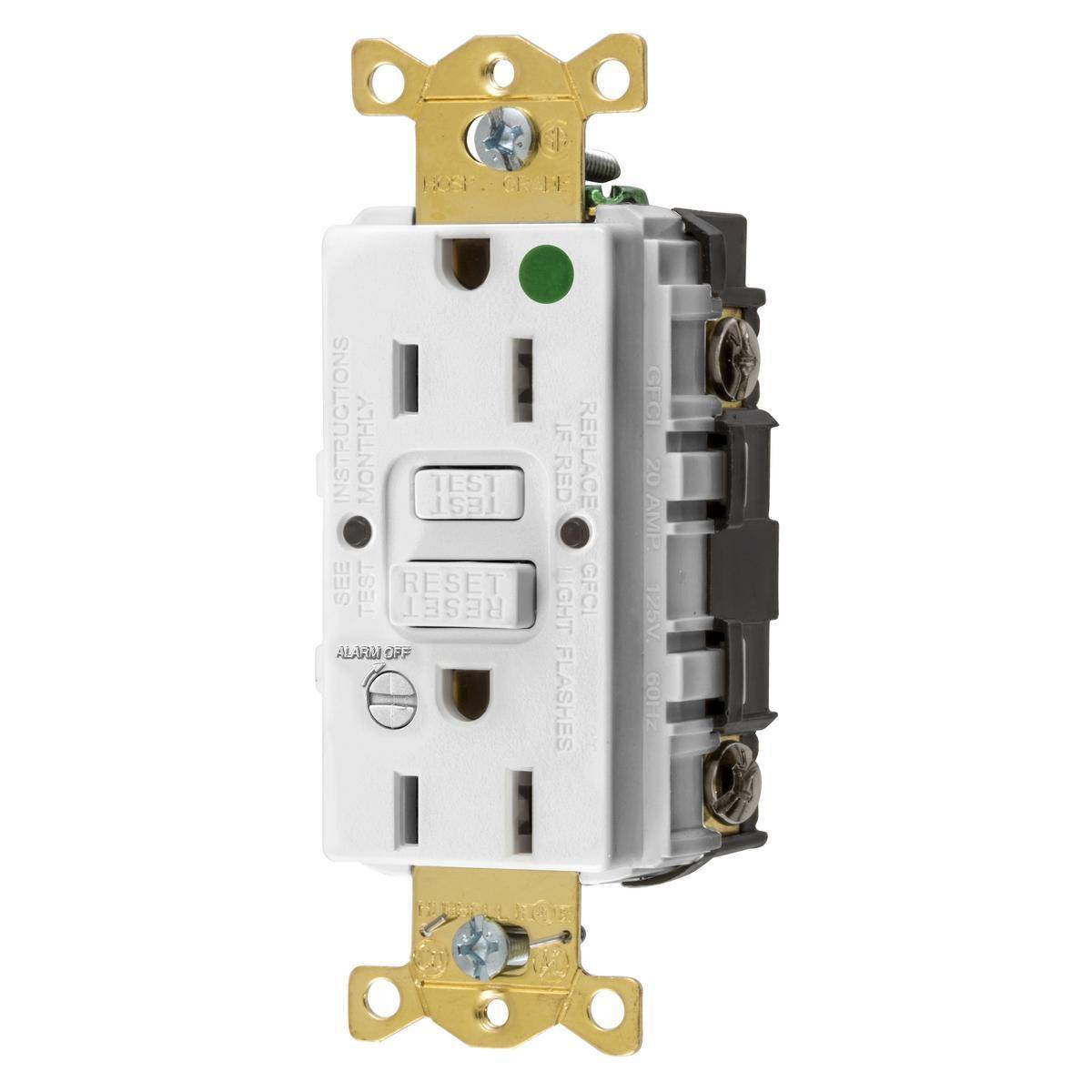 Wiring Device-Kellems AUTOGUARD® Style Line® GFRST82WB Self-Test Standard GFCI Receptacle With Alarm, 125 VAC, 15 A, 2 Poles, 3 Wires, White