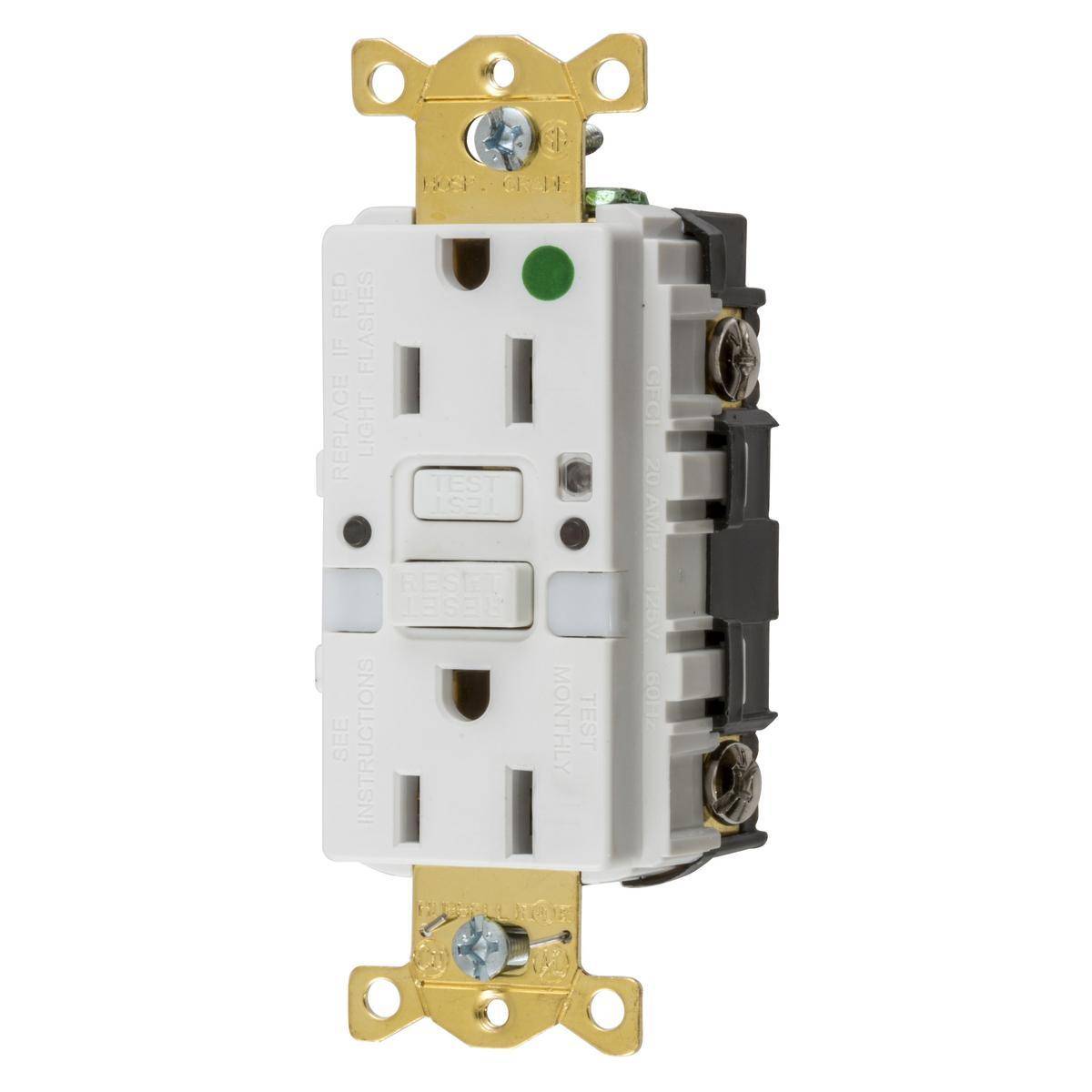 Wiring Device-Kellems GFRST82WNL 1-Phase Grounding Heavy Duty Standard Self-Test Straight Blade Screw Mount GFCI Receptacle, 125 VAC, 15 A, 2 Poles, 3 Wires, White