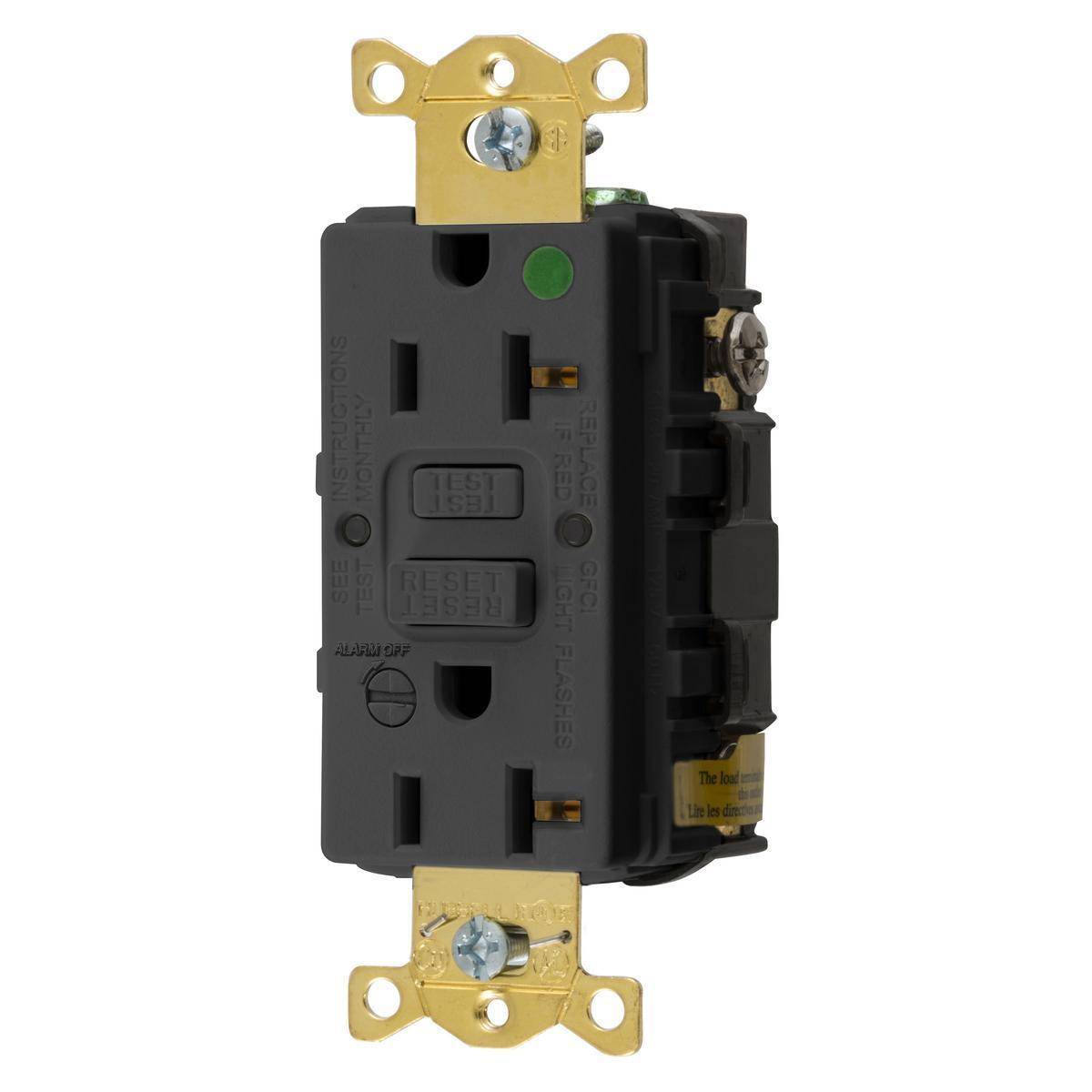 Wiring Device-Kellems AUTOGUARD® Style Line® GFRST83BKB Self-Test Standard GFCI Receptacle With Alarm, 125 VAC, 20 A, 2 Poles, 3 Wires, Black