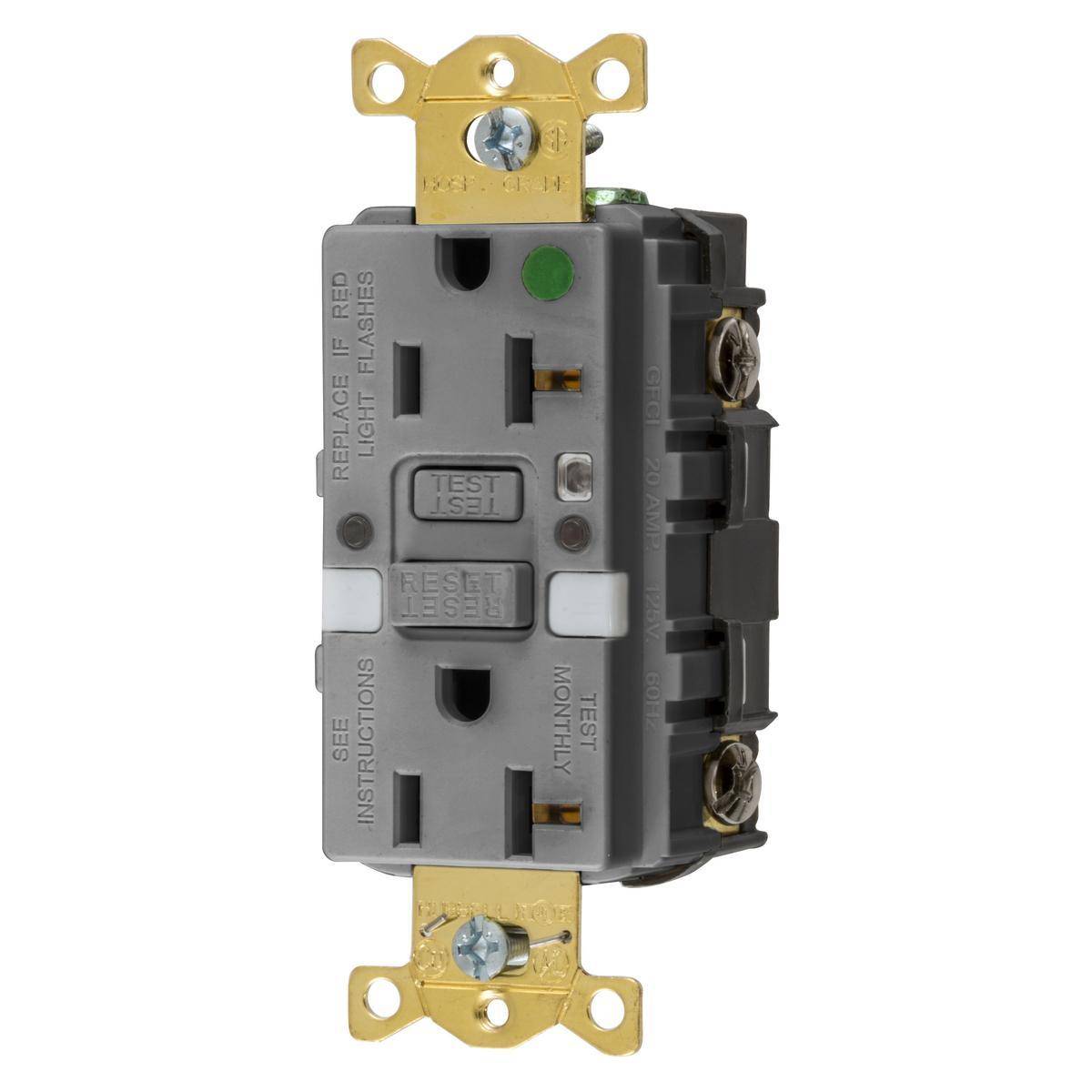 Wiring Device-Kellems GFRST83GYNL 1-Phase Grounding Heavy Duty Standard Self-Test Straight Blade Screw Mount GFCI Receptacle, 125 VAC, 20 A, 2 Poles, 3 Wires, Gray