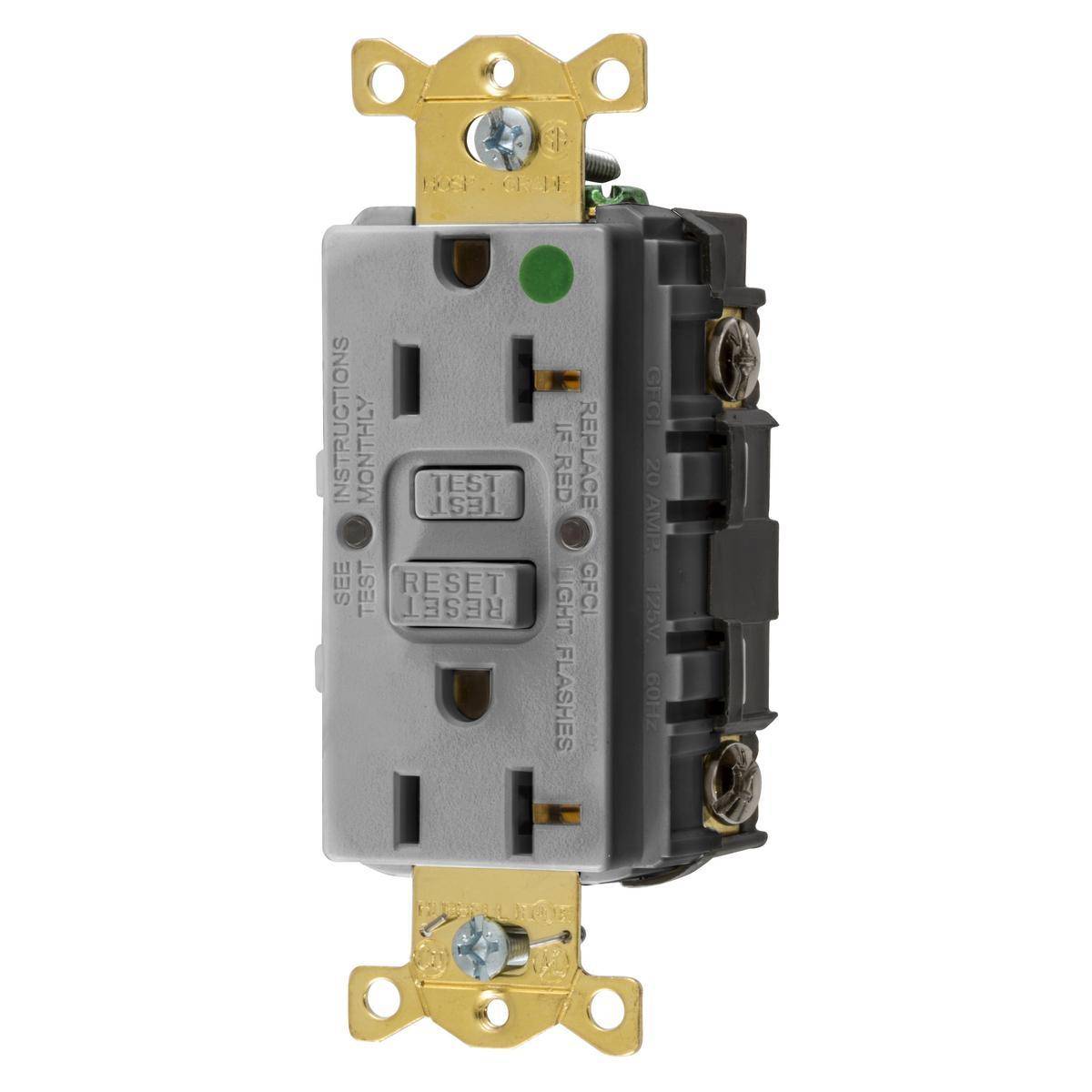 Wiring Device-Kellems AUTOGUARD® Style Line® GFRST83GYU Self-Test Straight Blade Standard GFCI Receptacle, 125 VAC, 20 A, 2 Poles, 3 Wires, Gray