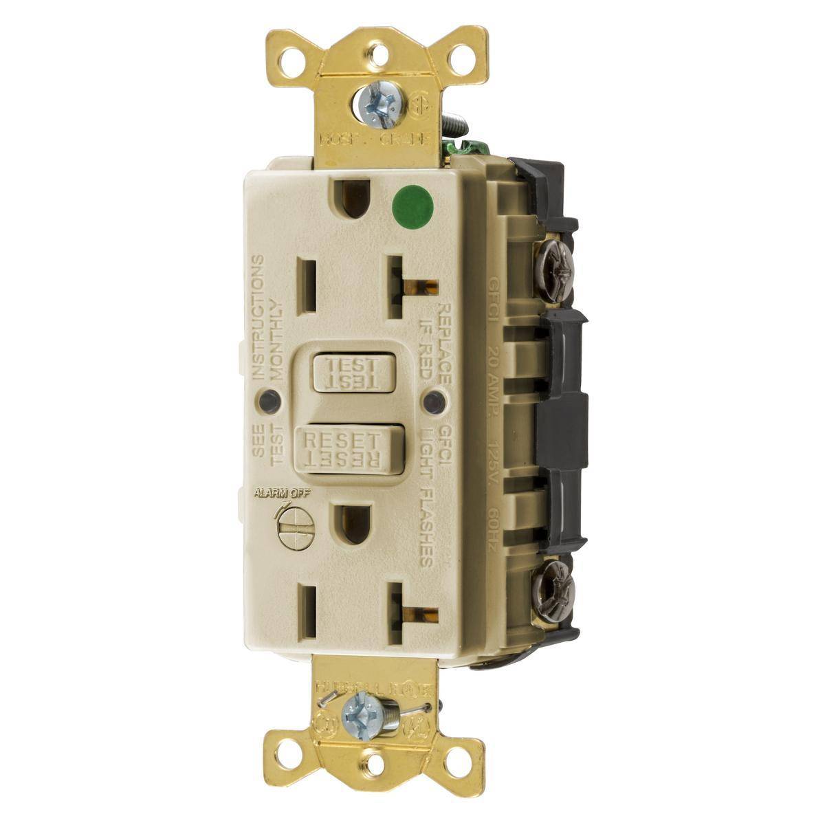 Wiring Device-Kellems AUTOGUARD® Style Line® GFRST83IB 1-Phase Self-Test Standard Screw Mount GFCI Receptacle With Alarm, 125 VAC, 20 A, 2 Poles, 3 Wires, Ivory