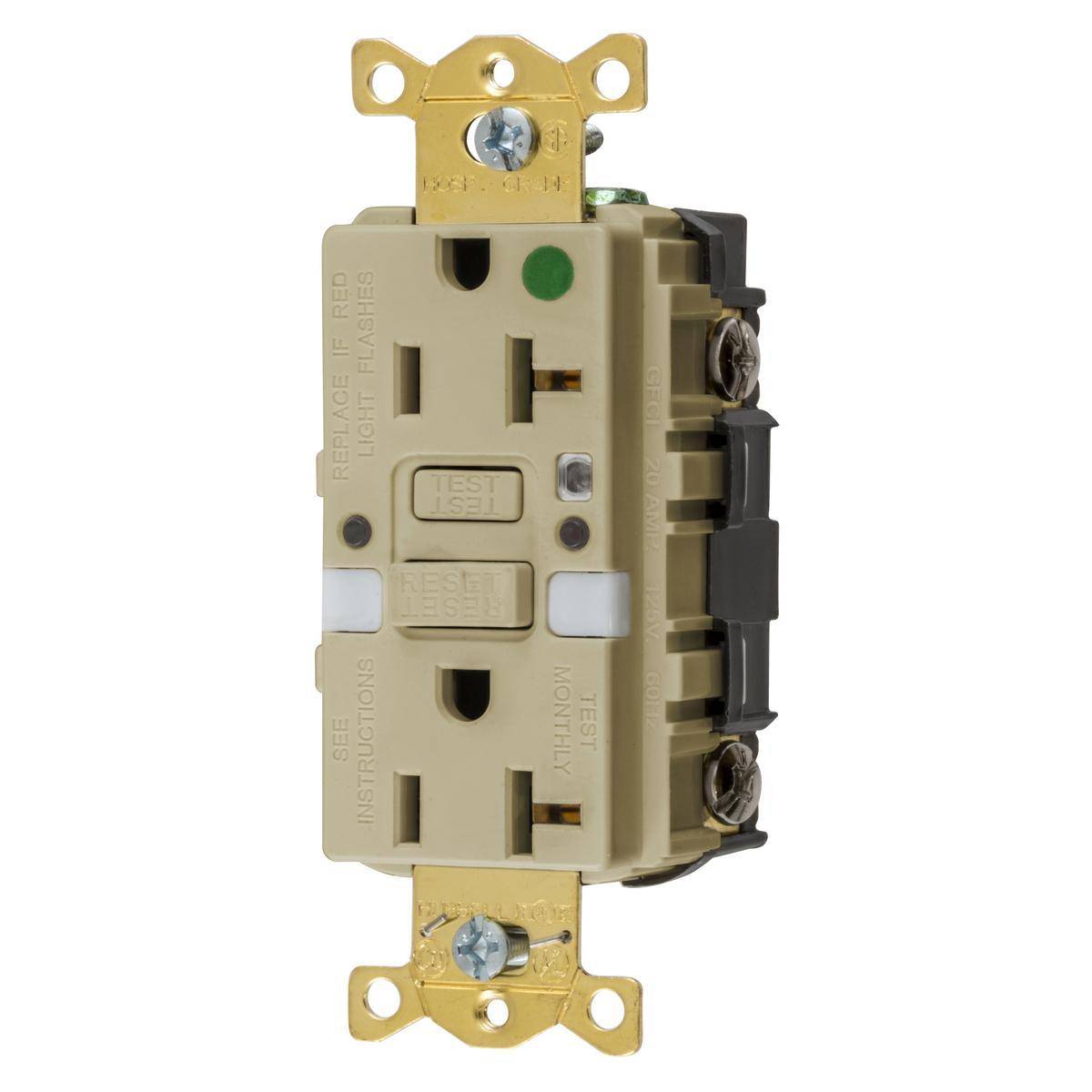 Wiring Device-Kellems GFRST83INL 1-Phase Grounding Heavy Duty Standard Self-Test Straight Blade Screw Mount GFCI Receptacle, 125 VAC, 20 A, 2 Poles, 3 Wires, Ivory