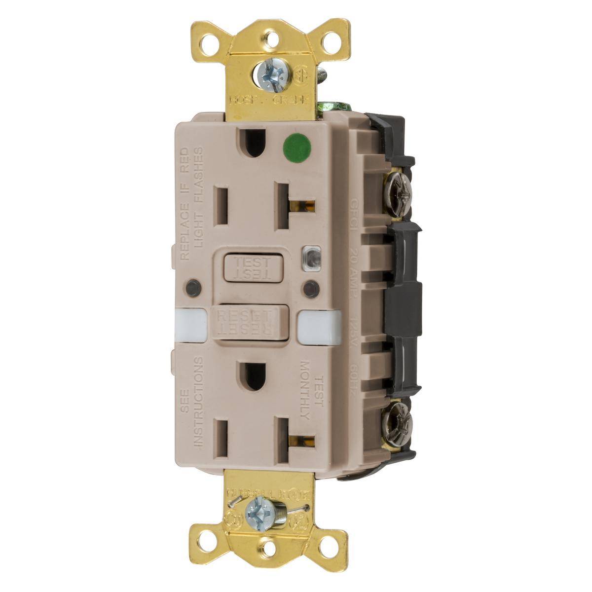 Wiring Device-Kellems AUTOGUARD® Style Line® GFRST83LANL 1-Phase Grounding Heavy Duty Standard Self-Test Straight Blade Screw Mount GFCI Receptacle With Two LED Nightlight, 125 VAC, 20 A, 2 Poles, 3 Wires, Light Almond