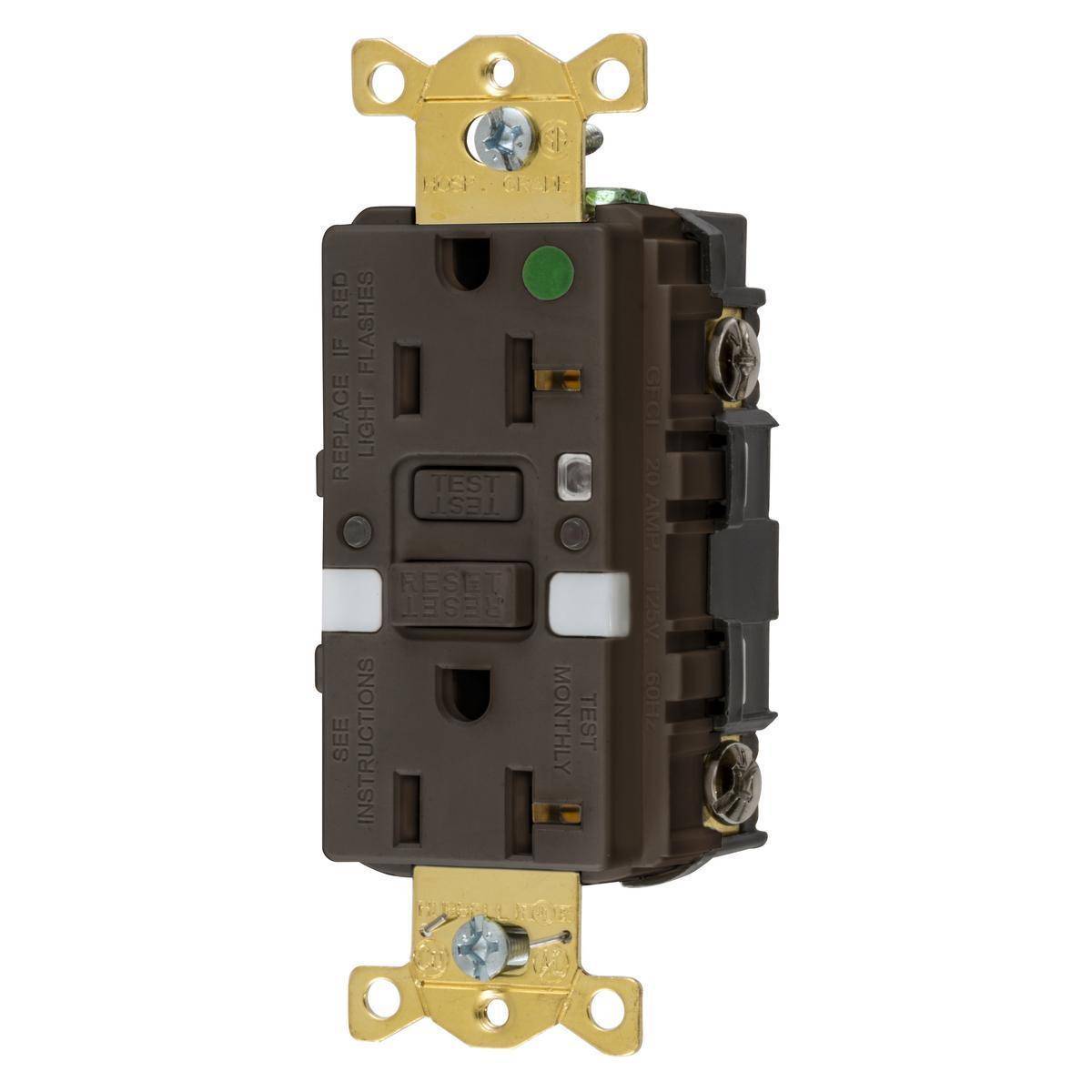 Wiring Device-Kellems AUTOGUARD® Style Line® GFRST83NL 1-Phase Grounding Heavy Duty Standard Self-Test Straight Blade Screw Mount GFCI Receptacle With Two LED Nightlight, 125 VAC, 20 A, 2 Poles, 3 Wires, Brown