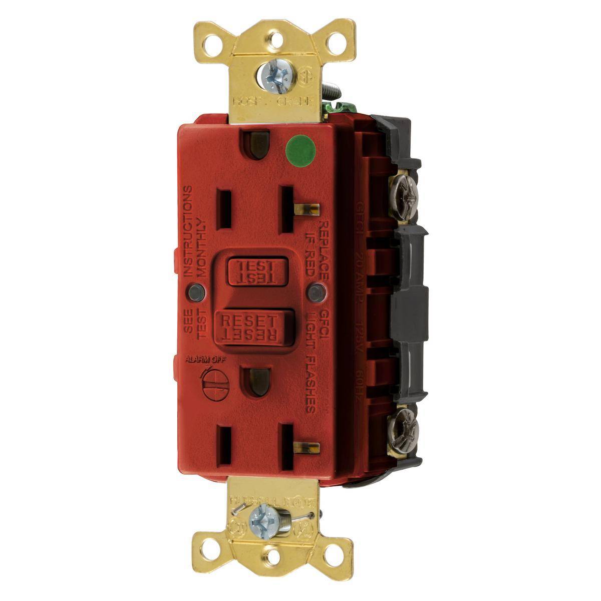 Wiring Device-Kellems AUTOGUARD® Style Line® GFRST83RB Self-Test Standard GFCI Receptacle With Alarm, 125 VAC, 20 A, 2 Poles, 3 Wires, Red