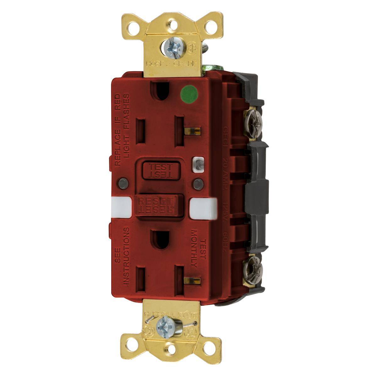 Wiring Device-Kellems AUTOGUARD® Style Line® GFRST83RNL 1-Phase Grounding Heavy Duty Standard Self-Test Straight Blade Screw Mount GFCI Receptacle With Two LED Nightlight, 125 VAC, 20 A, 2 Poles, 3 Wires, Red