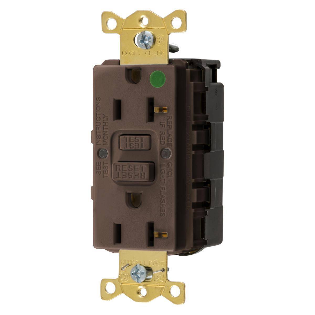 Wiring Device-Kellems SNAPConnect® Style Line® GFRST83SNAP 1-Phase Decorator Duplex Self-Test Standard Straight Blade Screw Mount GFCI Receptacle, 125 VAC, 20 A, 2 Poles, 3 Wires, Brown