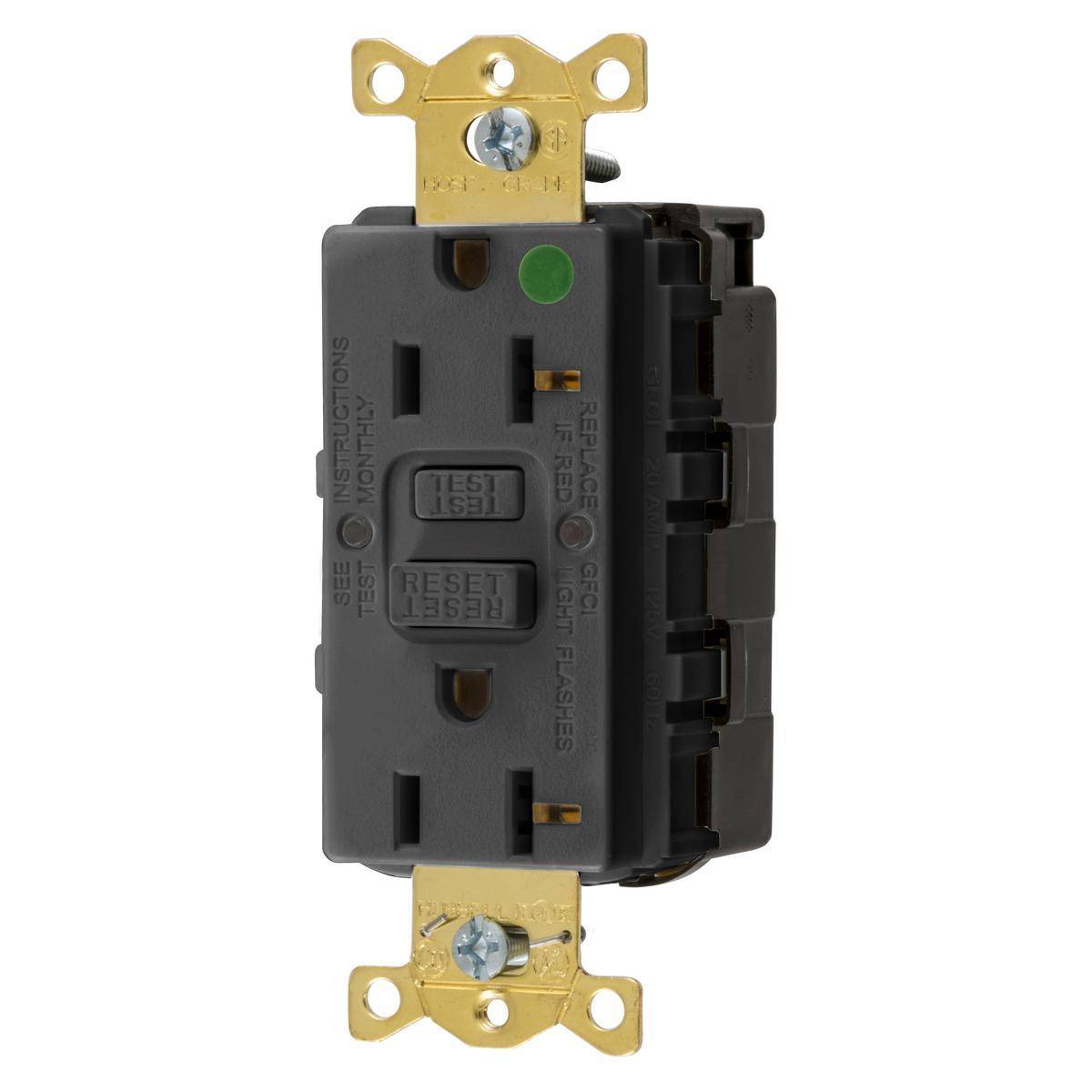 Wiring Device-Kellems SNAPConnect® Style Line® GFRST83SNAPBK 1-Phase Decorator Duplex Self-Test Standard Straight Blade GFCI Receptacle, 125 VAC, 20 A, 2 Poles, 3 Wires, Black