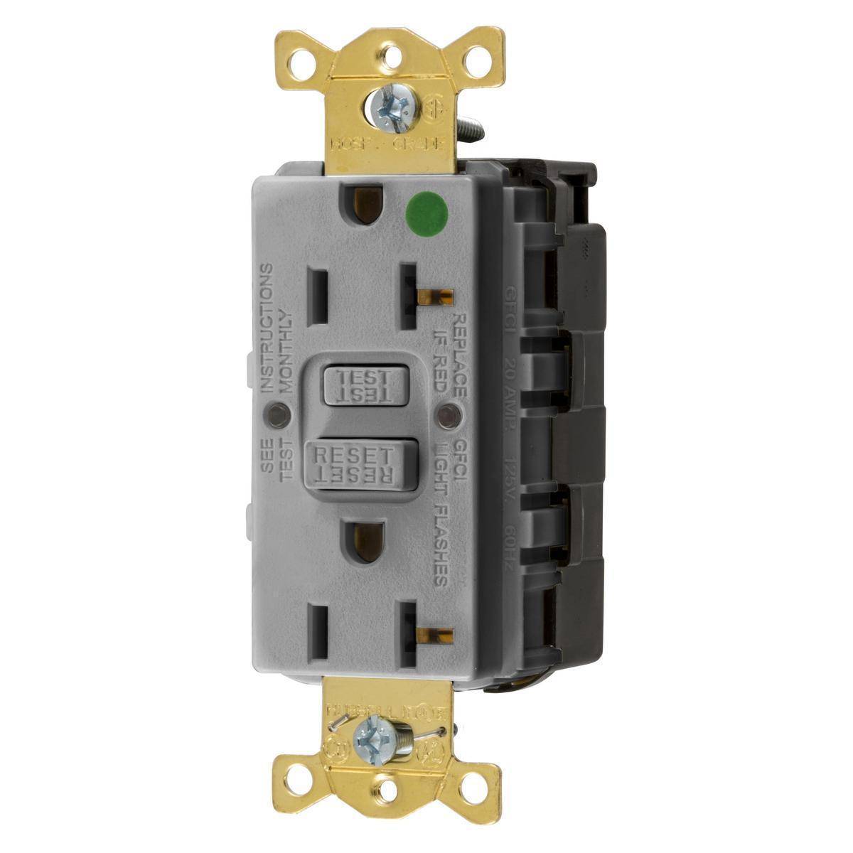 Wiring Device-Kellems GFRST83SNAPGY 1-Phase Decorator Duplex Self-Test Standard Screw Mount GFCI Receptacle, 125 VAC, 20 A, 2 Poles, 3 Wires, Gray