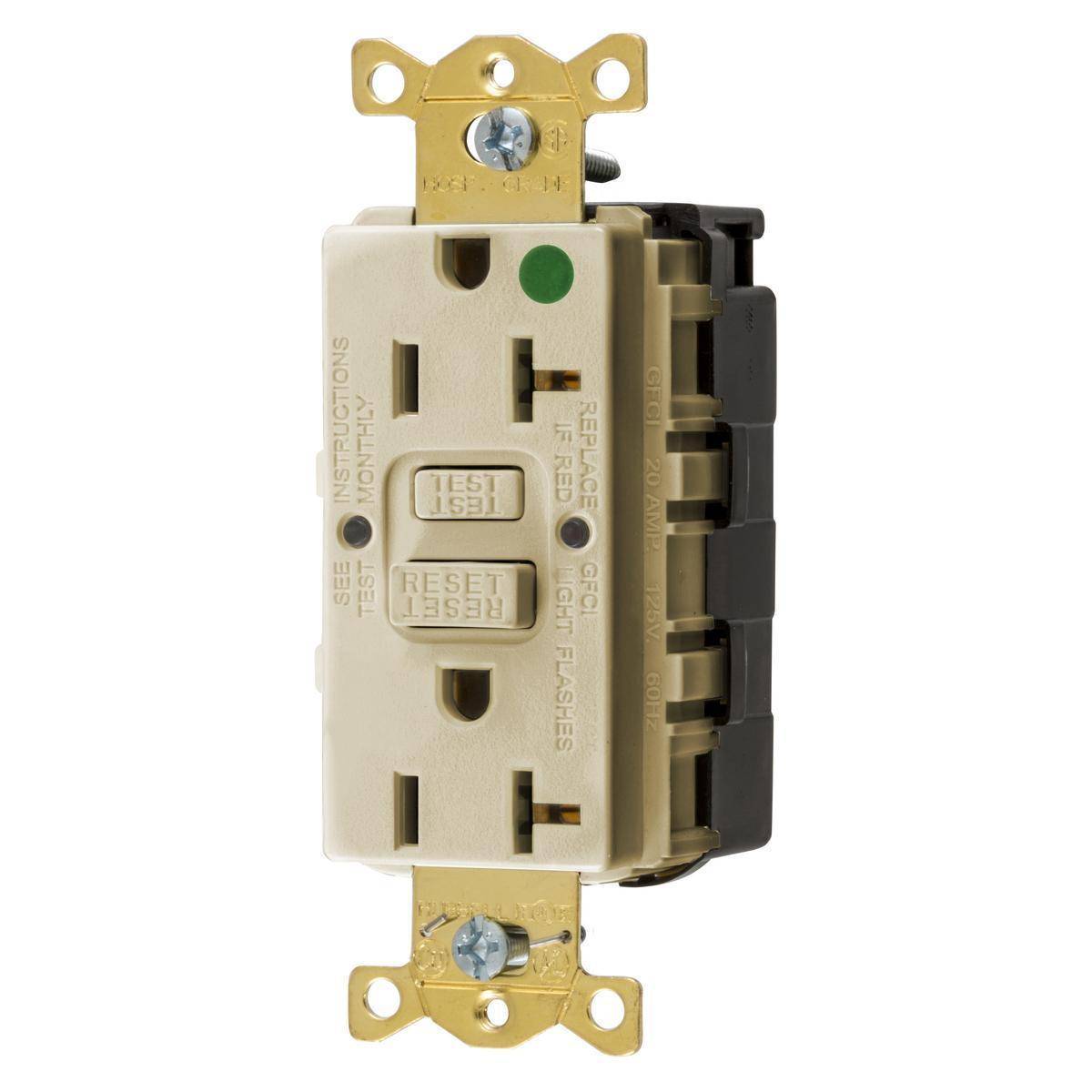 Wiring Device-Kellems GFRST83SNAPI 1-Phase Decorator Duplex Self-Test Standard Screw Mount GFCI Receptacle, 125 VAC, 20 A, 2 Poles, 3 Wires, Ivory