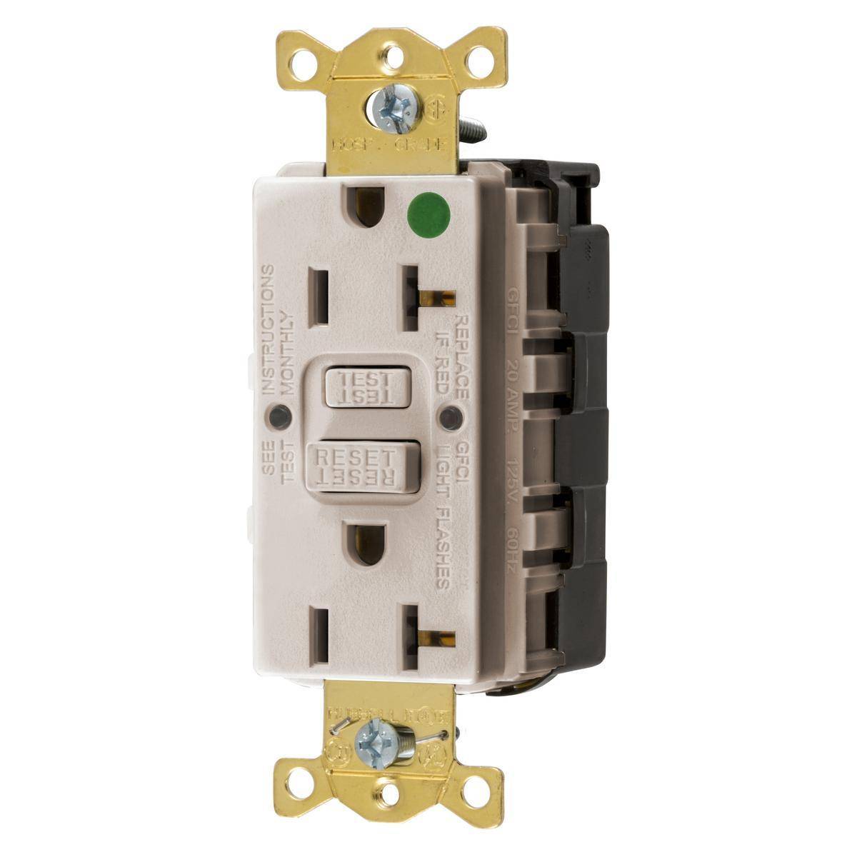 Wiring Device-Kellems SNAPConnect® GFRST83SNAPLA 1-Phase Decorator Duplex Self-Test Self-Grounding Standard Staple Straight Blade Tamper/Weather Resistant Screw Mount GFCI Receptacle, 125 VAC, 20 A, 2 Poles, 3 Wires, Light Almond