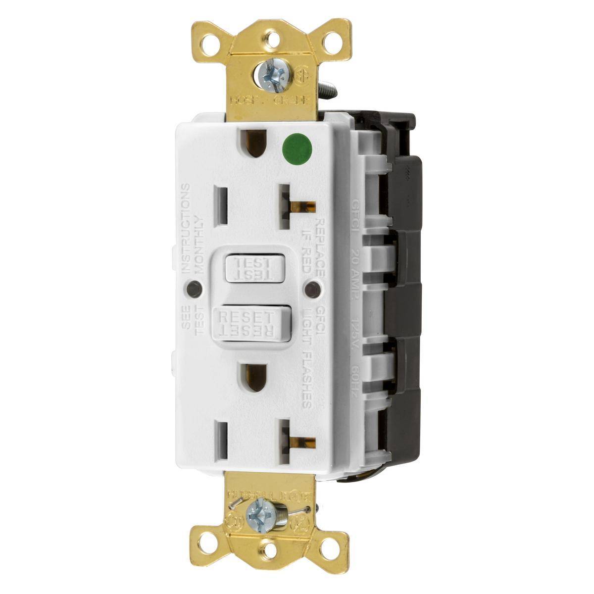 Wiring Device-Kellems GFRST83SNAPW 1-Phase Decorator Duplex Self-Test Standard Straight Blade Screw Mount GFCI Receptacle, 125 VAC, 20 A, 2 Poles, 3 Wires, White