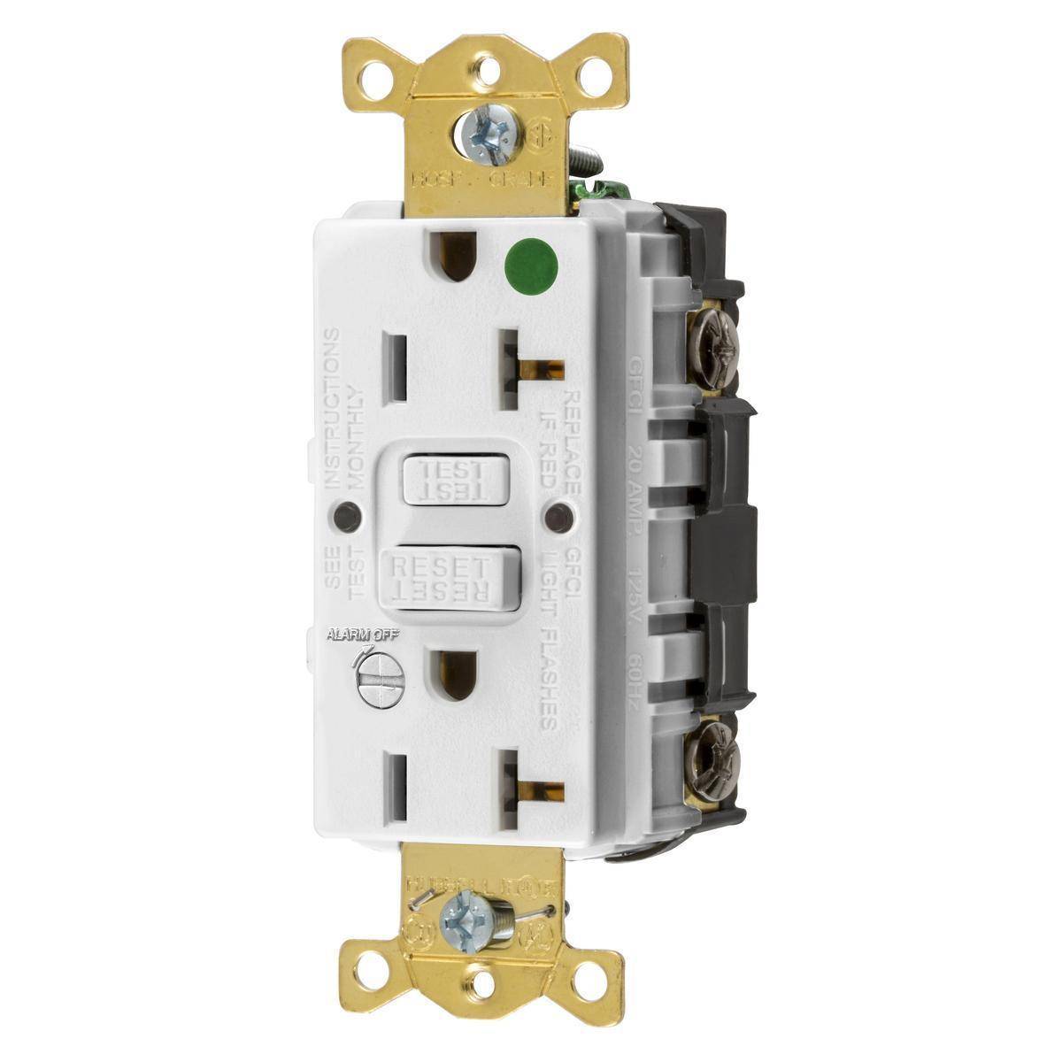 Wiring Device-Kellems AUTOGUARD® Style Line® GFRST83WB Self-Test Standard GFCI Receptacle With Alarm, 125 VAC, 20 A, 2 Poles, 3 Wires, White