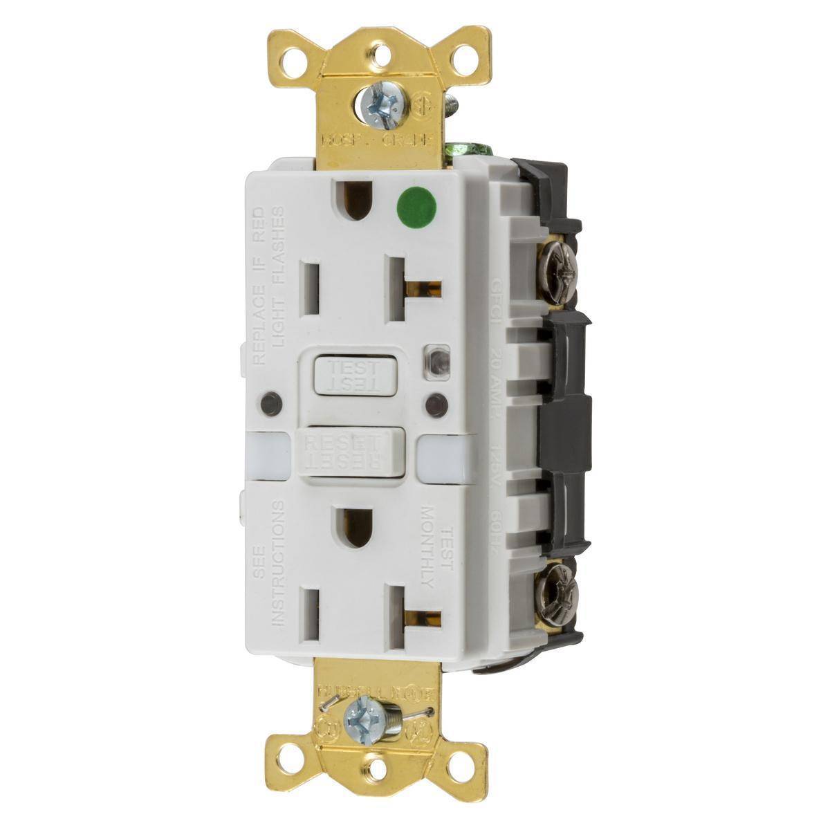 Wiring Device-Kellems GFRST83WNL 1-Phase Grounding Heavy Duty Standard Self-Test Straight Blade Screw Mount GFCI Receptacle, 125 VAC, 20 A, 2 Poles, 3 Wires, White
