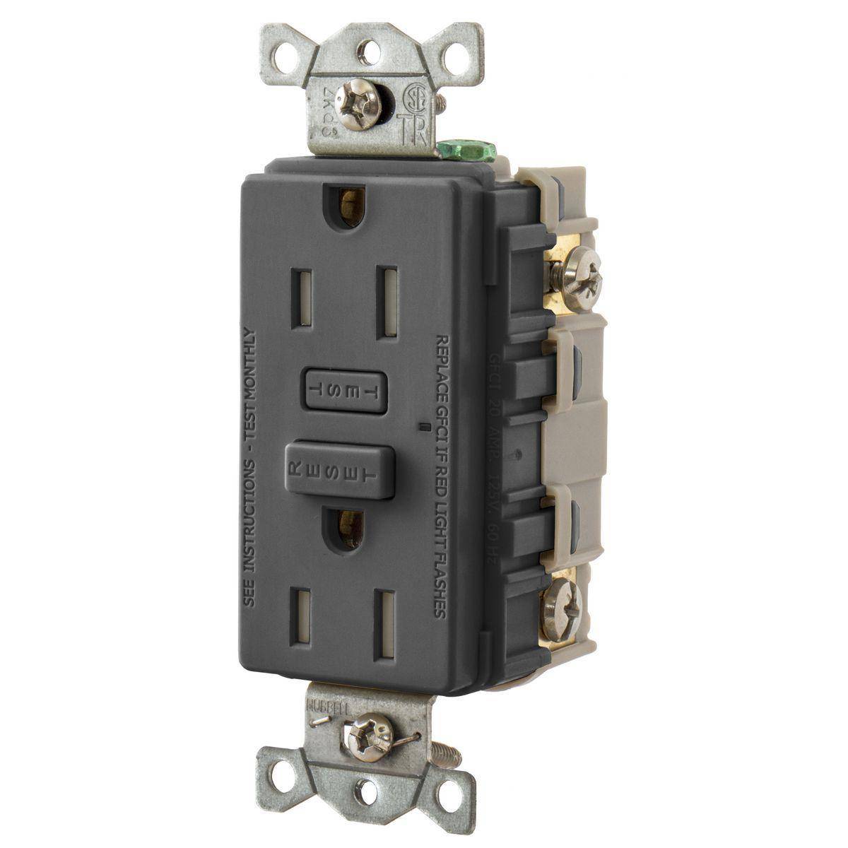 Bryant Electric Hubbell-Pro™ GFT15BK 1-Phase Grounding Self-Test Standard Tamper Resistant GFCI Receptacle, 125 VAC, 15 A, 2 Poles, 3 Wires, Black