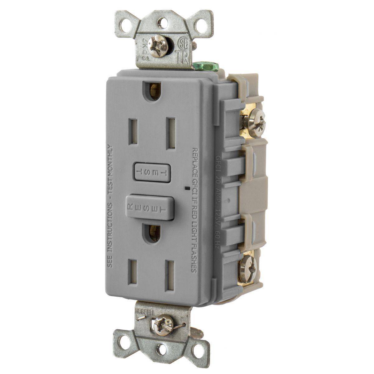 Wiring Device-Kellems Hubbell-PRO™ GFT15GY 1-Phase Tamper Resistant Screw Mount GFCI Receptacle, 125 VAC, 15 A, 2 Poles, 3 Wires, Gray