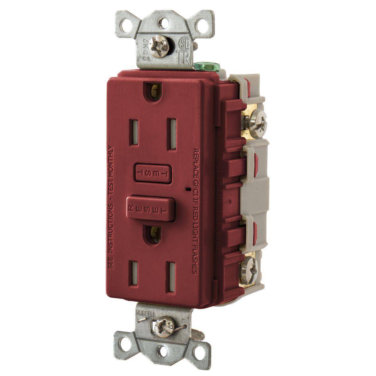 Bryant Electric GFT15R Grounding Tamper Resistant GFCI Receptacle, 125 VAC, 15 A, 2 Poles, 3 Wires, Red