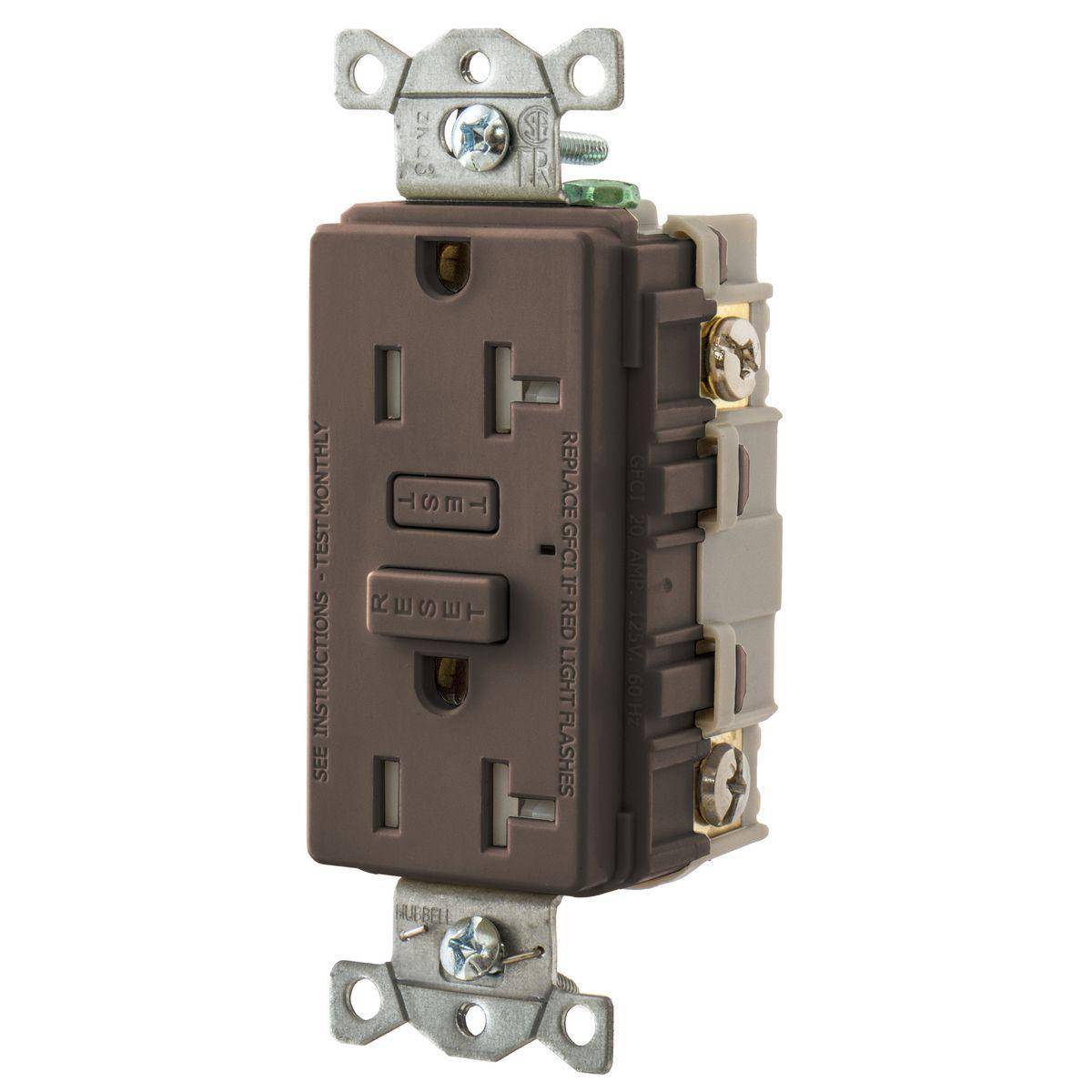 Wiring Device-Kellems Hubbell-PRO™ GFT20 1-Phase Duplex Grounding Standard Straight Blade Screw Mount GFCI Receptacle, 125 VAC, 20 A, 2 Poles, 3 Wires, Brown