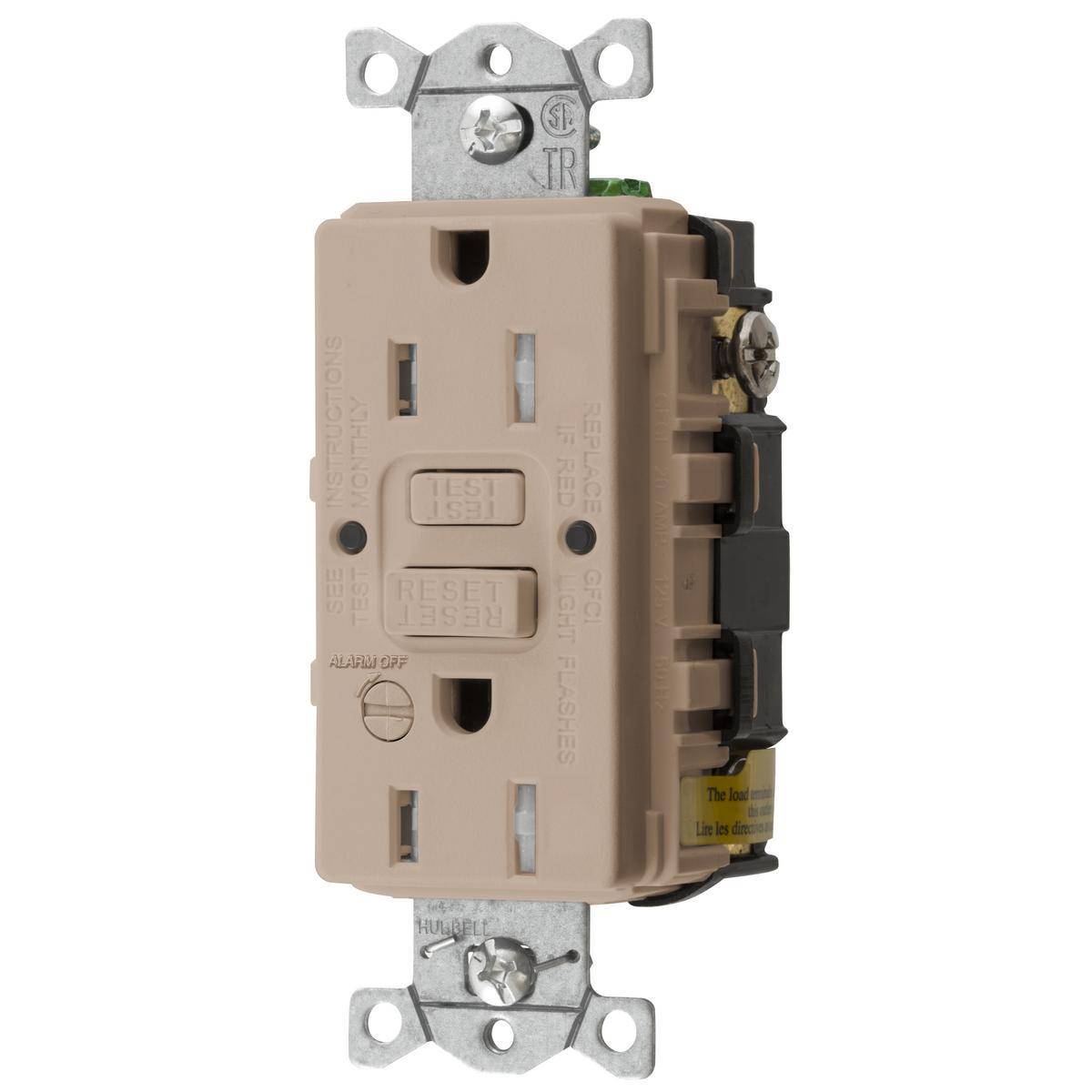 Wiring Device-Kellems AUTOGUARD® GFTRST15ALB 1-Phase Heavy Duty Standard Self-Test Tamper-Resistant Straight Blade Style Line GFCI Receptacle With Alarm, 125 VAC, 15 A, 2 Poles, 3 Wires, Almond