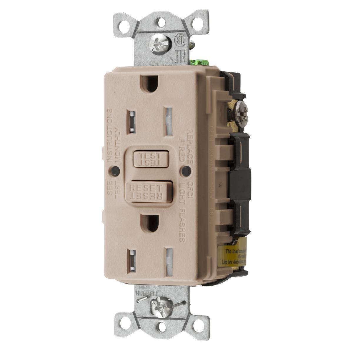 Bryant Electric AUTOGUARD® GFTRST15ALBULK Auto Grounding Heavy Duty Self-Test Standard Tamper Resistant GFCI Receptacle With Alarm, 125 VAC, 15 A, 2 Poles, 3 Wires, Almond