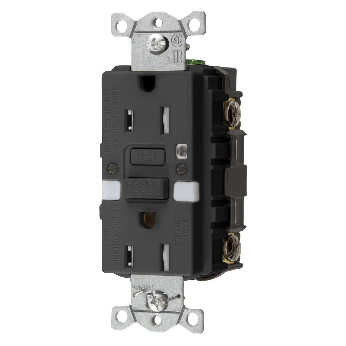 Bryant Electric AUTOGUARD® GFTRST15BKNL Auto Grounding Heavy Duty Self-Test Standard Tamper Resistant GFCI Receptacle With (2) LED Night Lights, 125 VAC, 15 A, 2 Poles, 3 Wires, Black