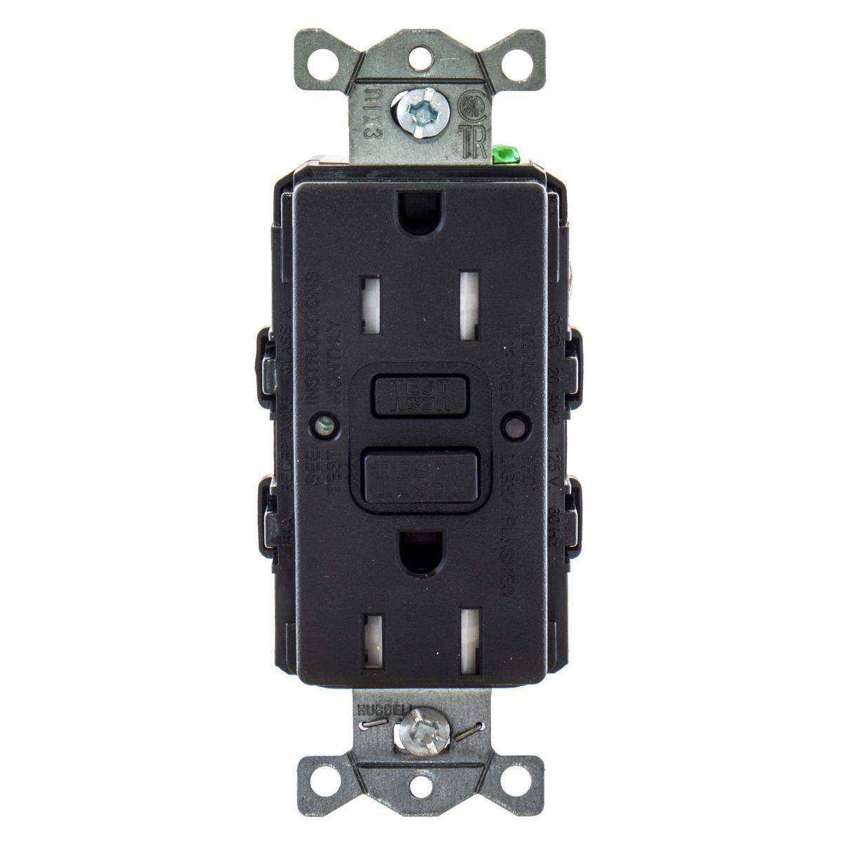 Wiring Device-Kellems GFTRST15BKBULK Decorator Duplex Heavy Duty Standard Straight Blade Self-Test Tamper Resistant GFCI Receptacle, 125 VAC, 15 A, 2 Poles, 3 Wires, Black
