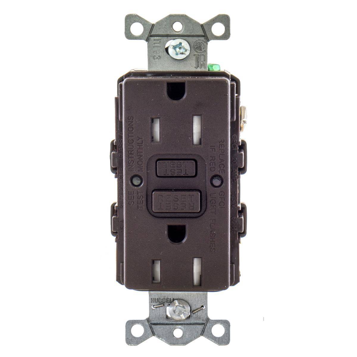 Bryant Electric AUTOGUARD® GFTRST15BULK Auto Grounding Heavy Duty Self-Test Standard Tamper Resistant GFCI Receptacle With Alarm, 125 VAC, 15 A, 2 Poles, 3 Wires, Brown