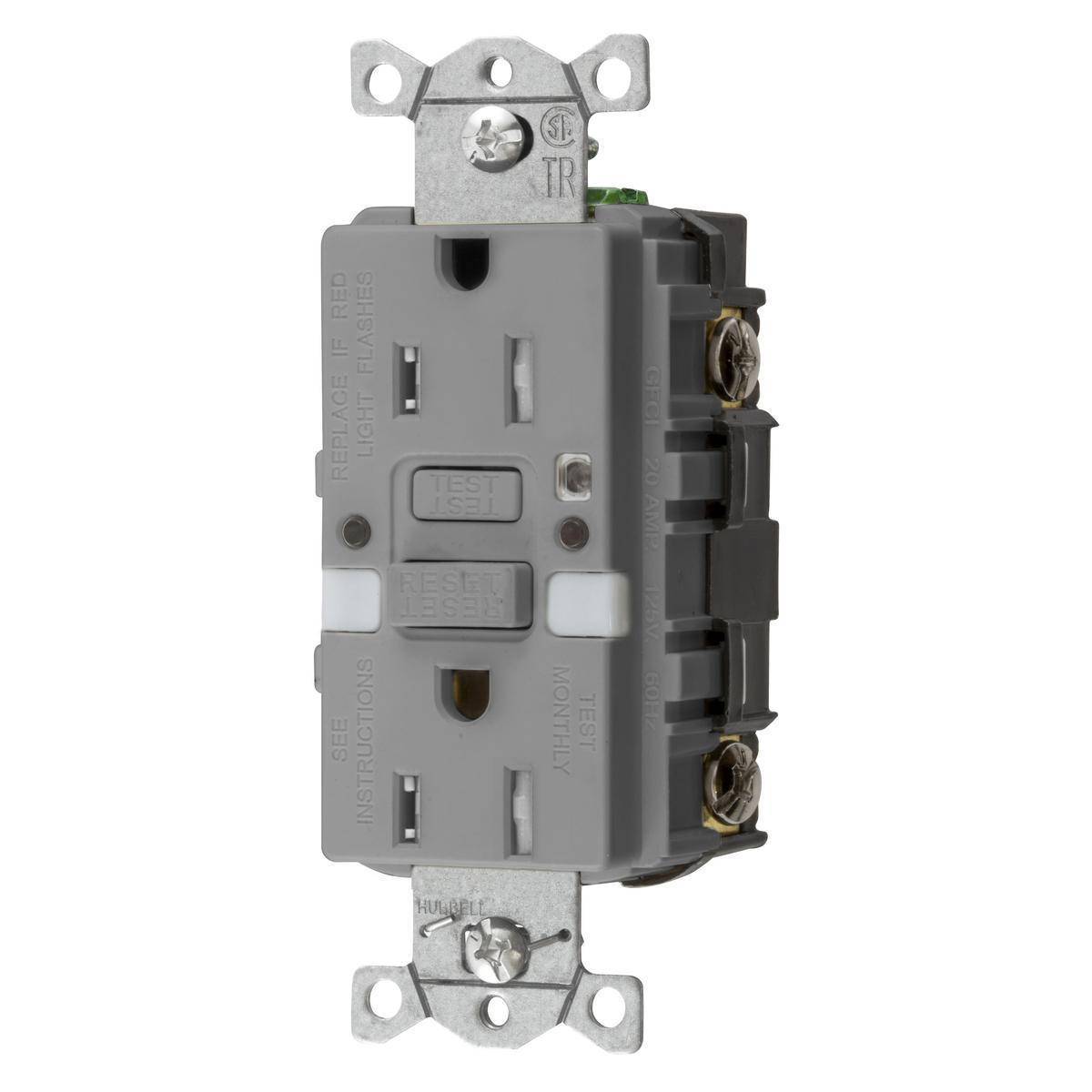 Wiring Device-Kellems AUTOGUARD® Style Line GFTRST15GYNL Decorator Duplex Straight Blade Self-Test Tamper Resistant GFCI Receptacle With Two LED Nightlight, 125 VAC, 15 A, 2 Poles, 3 Wires, Gray
