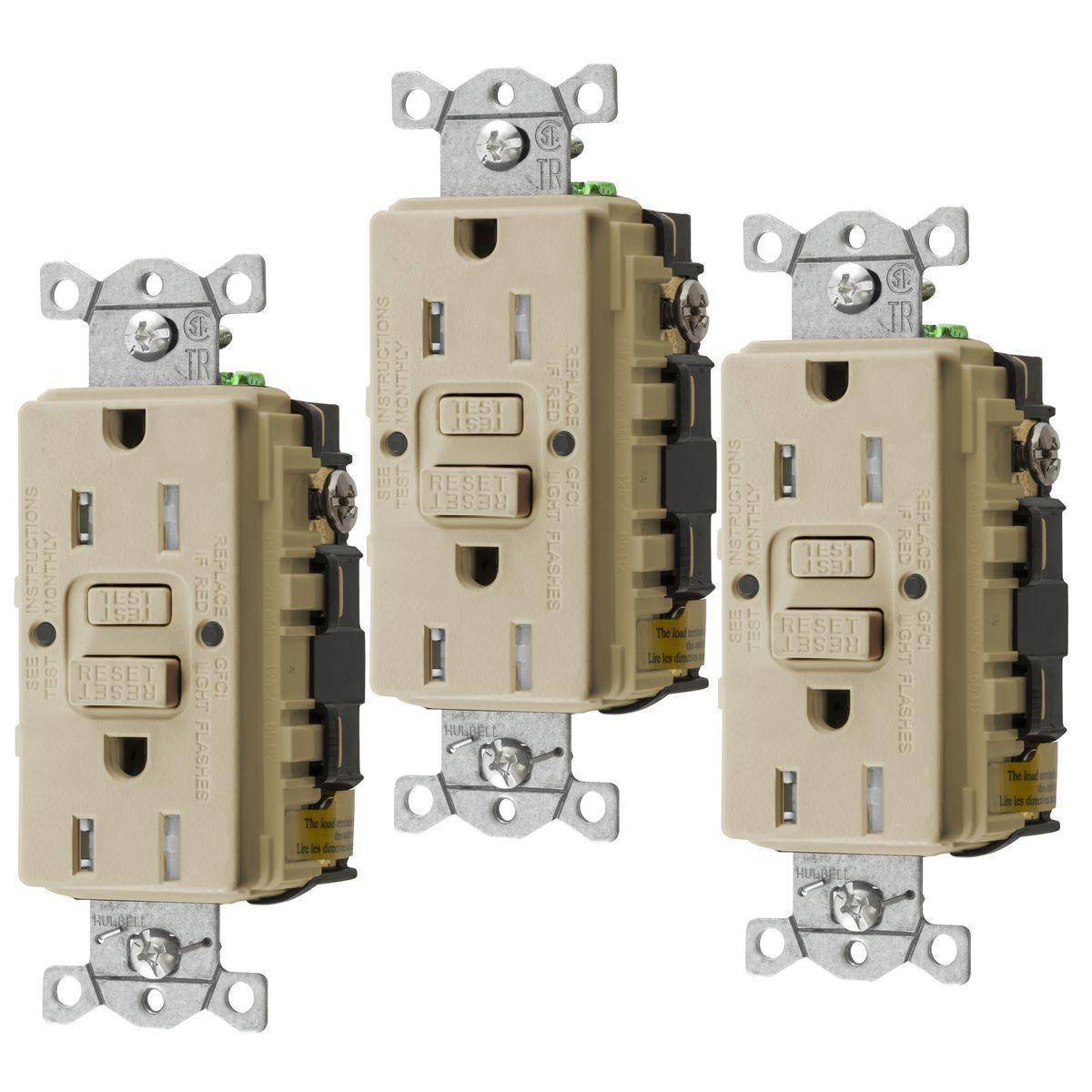 Bryant Electric CIRCUITPRO® GFTRST15I3 Grounding Heavy Duty Self-Test Standard Tamper-Resistant GFCI Receptacle, 125 VAC, 15 A, 2 Poles, 3 Wires, Ivory