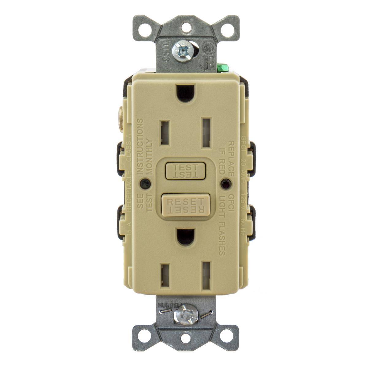 Bryant Electric AUTOGUARD® GFTRST15IBULK 1-Phase Auto Grounding Heavy Duty Self-Test Standard Tamper Resistant GFCI Receptacle With Alarm, 125 VAC, 15 A, 2 Poles, 3 Wires, Ivory