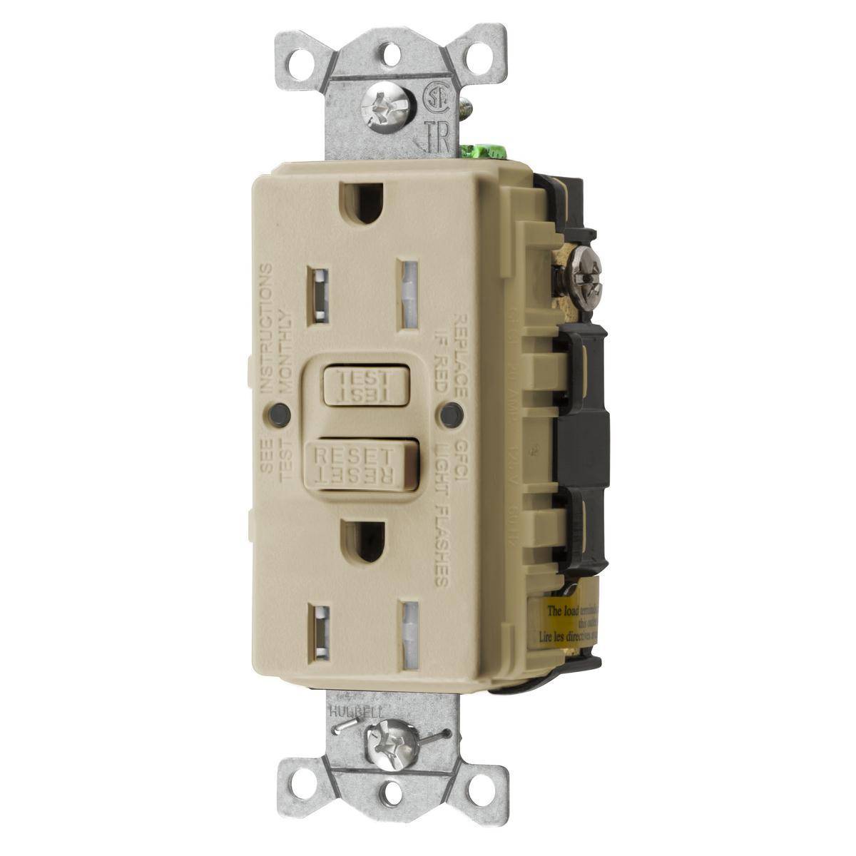 Bryant Electric AUTOGUARD® GFTRST15IBULK 1-Phase Auto Grounding Heavy Duty Self-Test Standard Tamper Resistant GFCI Receptacle With Alarm, 125 VAC, 15 A, 2 Poles, 3 Wires, Ivory