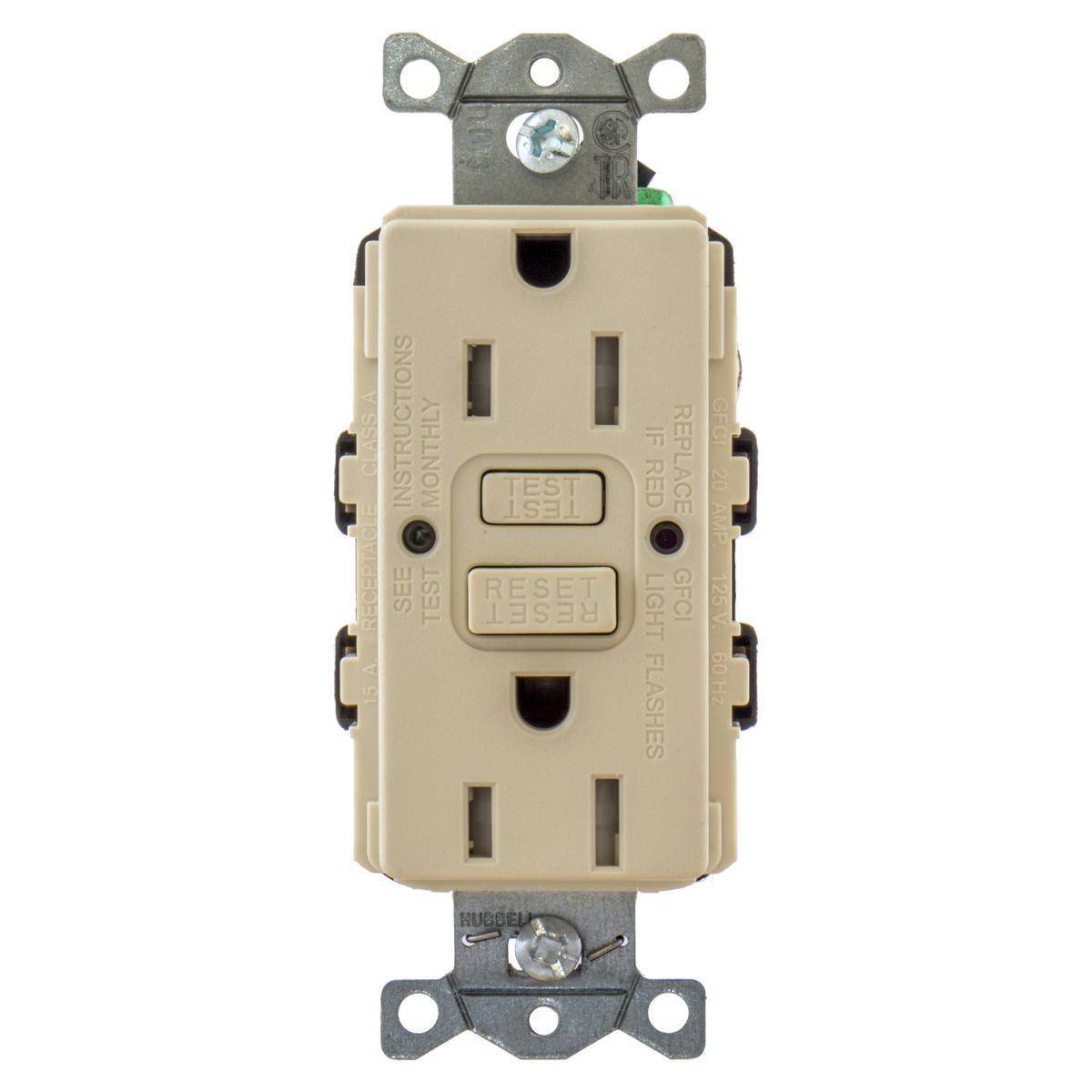 Bryant Electric AUTOGUARD® GFTRST15LABULK Auto Grounding Heavy Duty Self-Test Standard Tamper Resistant GFCI Receptacle With Alarm, 125 VAC, 15 A, 2 Poles, 3 Wires, Light Almond