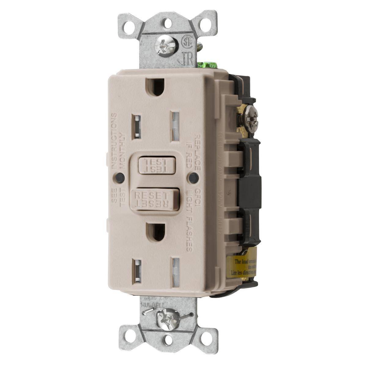 Bryant Electric AUTOGUARD® GFTRST15LABULK Auto Grounding Heavy Duty Self-Test Standard Tamper Resistant GFCI Receptacle With Alarm, 125 VAC, 15 A, 2 Poles, 3 Wires, Light Almond