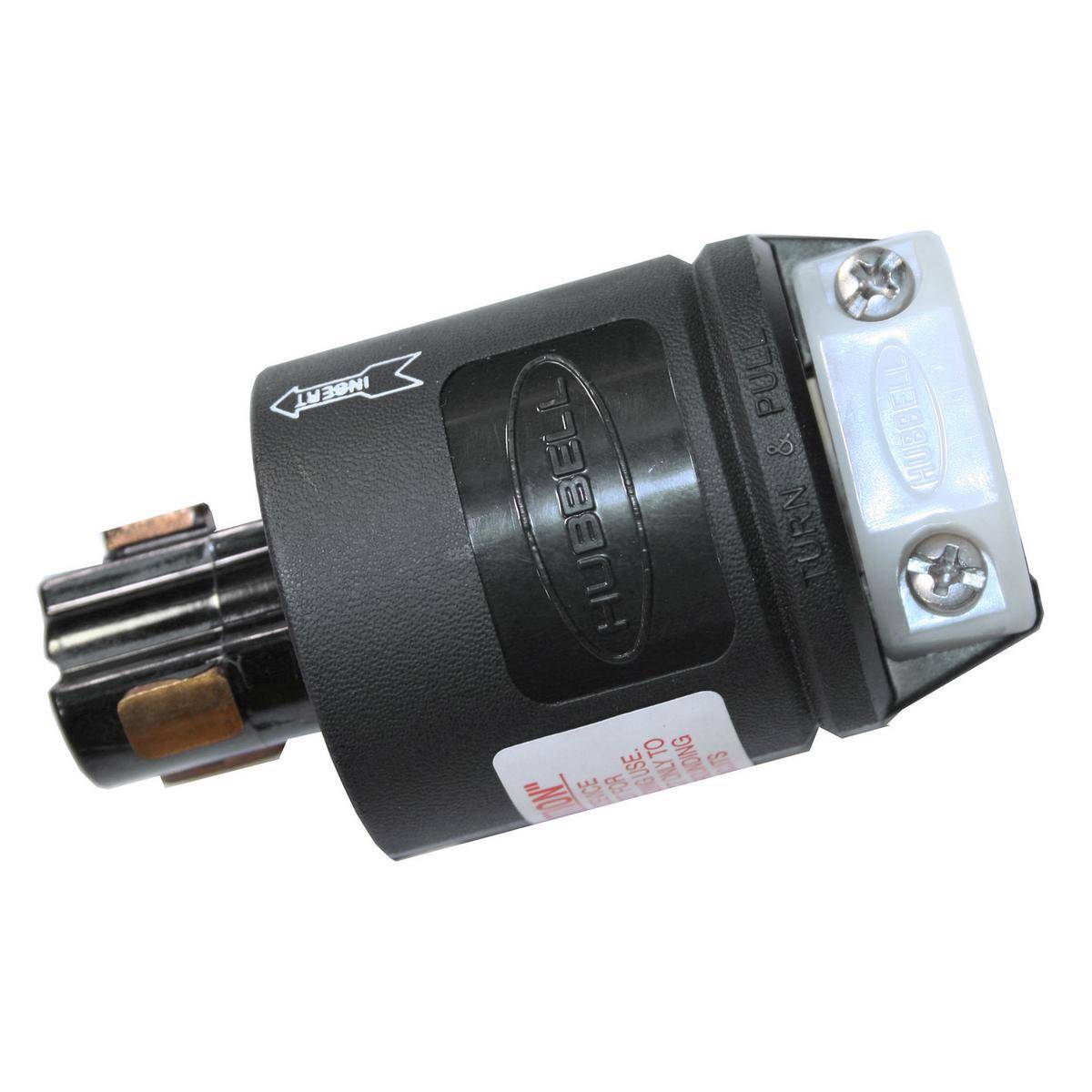 Wiring Device-Kellems Hubbellock® HBL23005B 1-Phase Non-Grounding Male Standard Cord Mount Locking Plug, 125/250 VAC, 20 A, 3 Poles, 3 Wires, Black/White