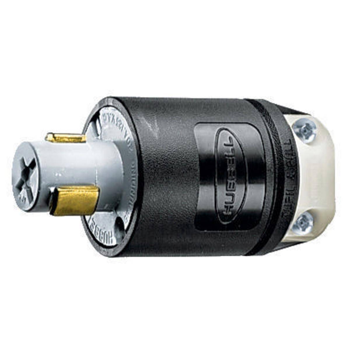 Wiring Device-Kellems Hubbellock® HBL23014HGB 1-Phase Grounding Male Cord Mount Locking Plug, 125 VAC, 20 A, 2 Poles, 3 Wires, Black/White