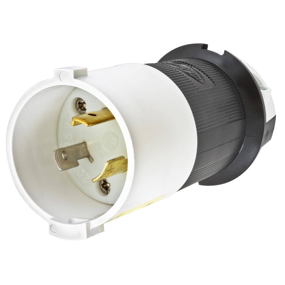 Wiring Device-Kellems Twist-Lock® Safety-Shroud® HBL2311SA 1-Phase Angled Grounding Male Locking Plug, 125 VAC, 20 A, 2 Poles, 3 Wires, Black/White