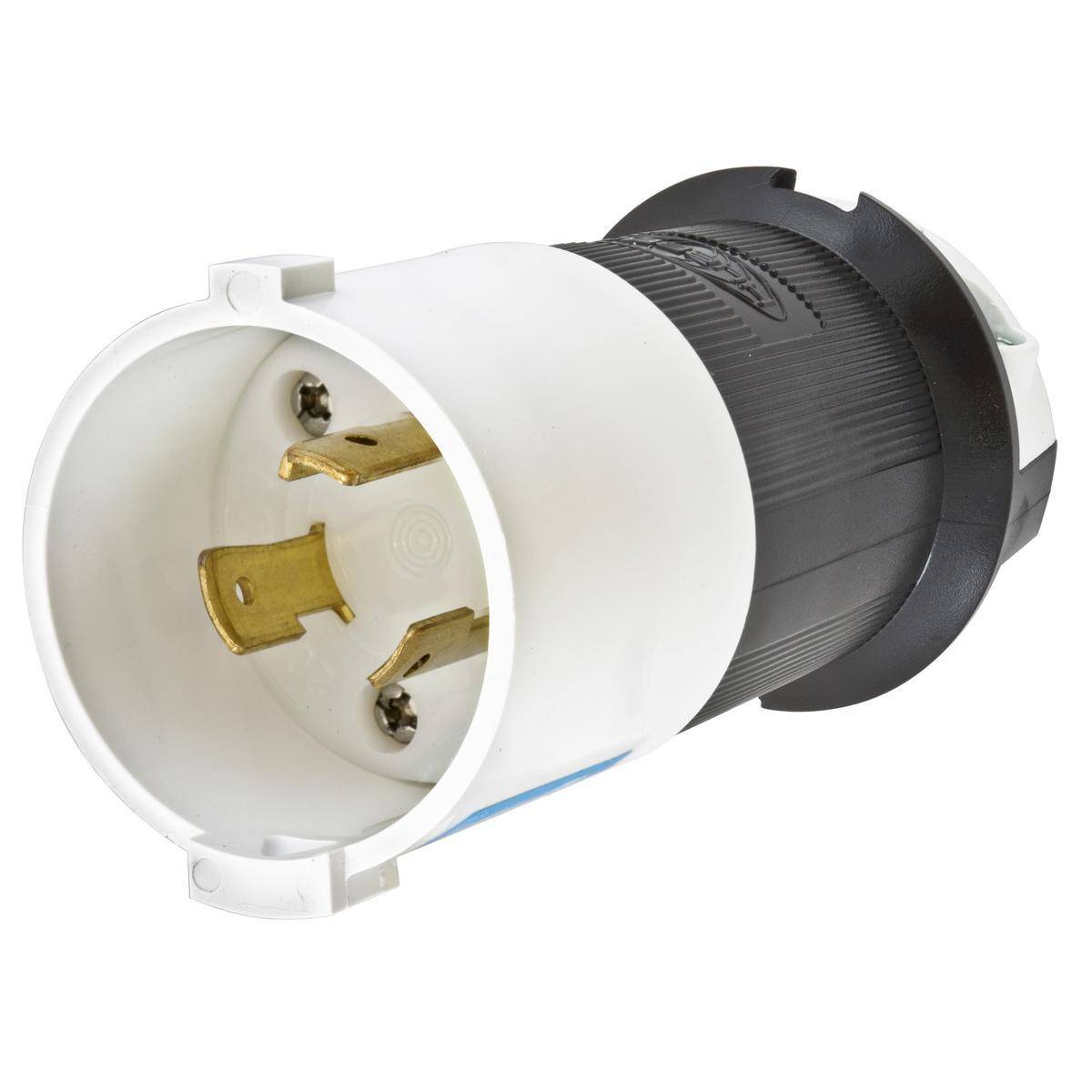 Wiring Device-Kellems Twist-Lock® Safety-Shroud® HBL2321SA 1-Phase Angled Grounding Male Locking Plug, 250 VAC, 20 A, 2 Poles, 3 Wires, Black/White
