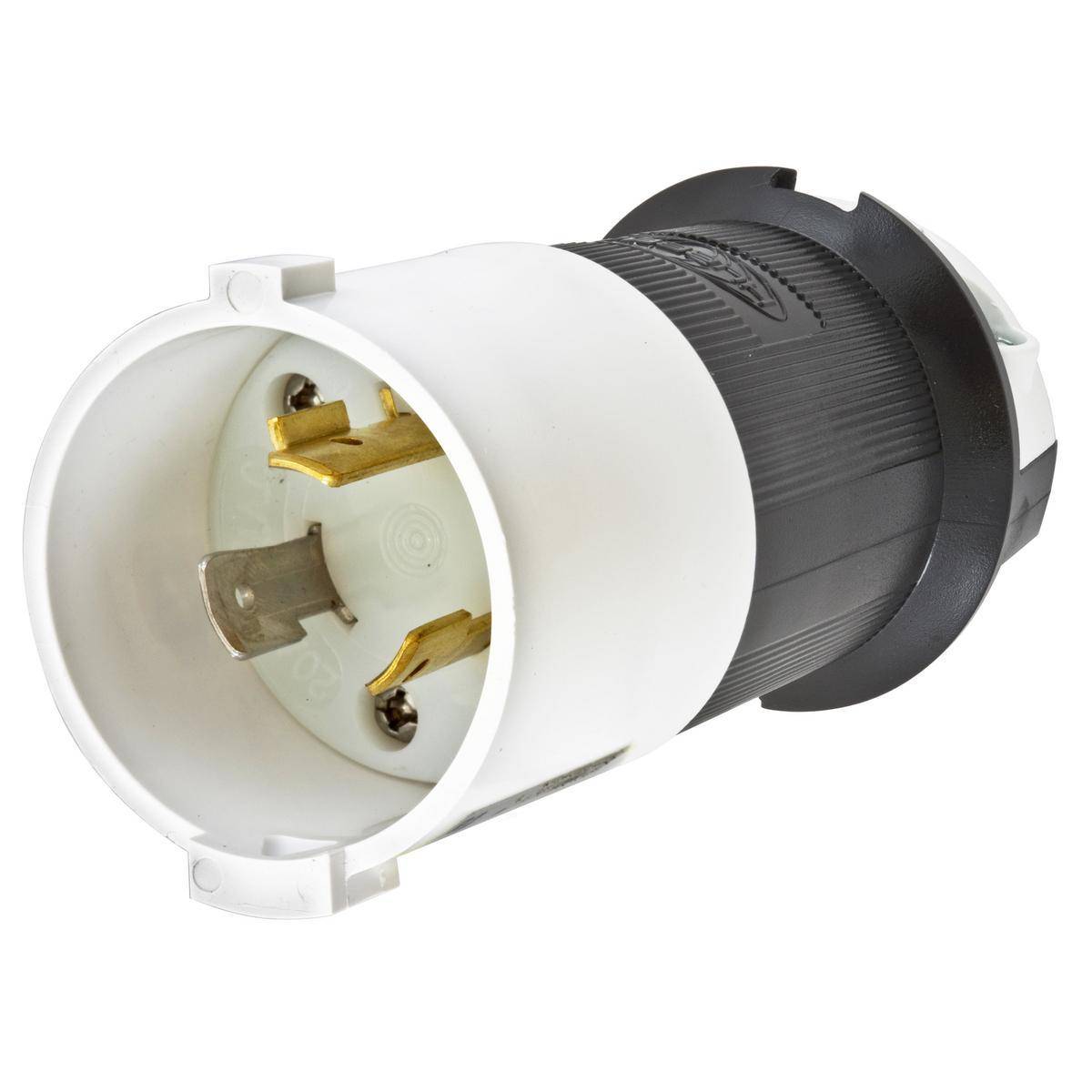 Wiring Device-Kellems Twist-Lock® Safety-Shroud® HBL2331S 1-Phase Grounding Male Portable Standard Cord Mount Locking Plug, 277 VAC, 20 A, 2 Poles, 3 Wires, Black/White
