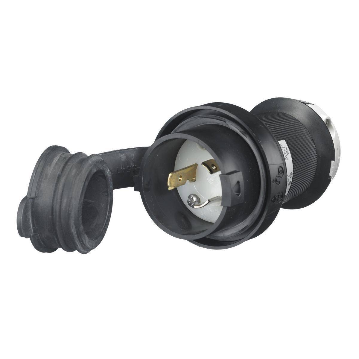 Wiring Device-Kellems Twist-Lock® Safety-Shroud® HBL2331SW 1-Phase Grounding Male Standard Watertight Cord Mount Locking Plug, 277 VAC, 20 A, 2 Poles, 3 Wires, Black/White
