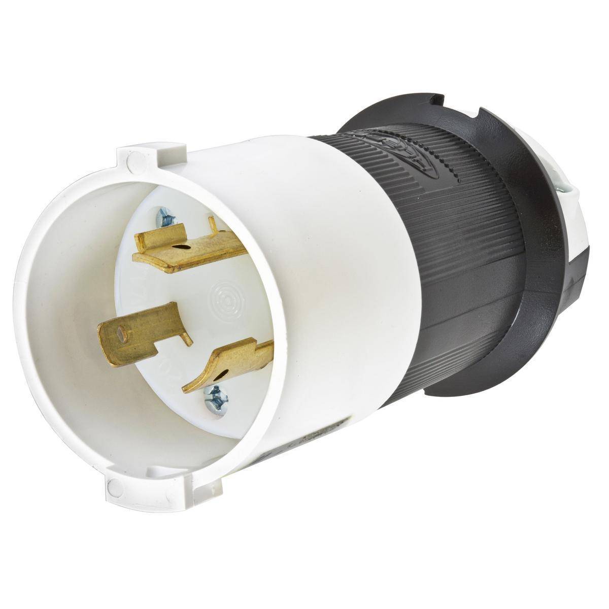 Wiring Device-Kellems Twist-Lock® Safety-Shroud® HBL2341S 1-Phase Male Grounding Locking Plug, 480 VAC, 20 A, 2 Poles, 3 Wires, Black/White