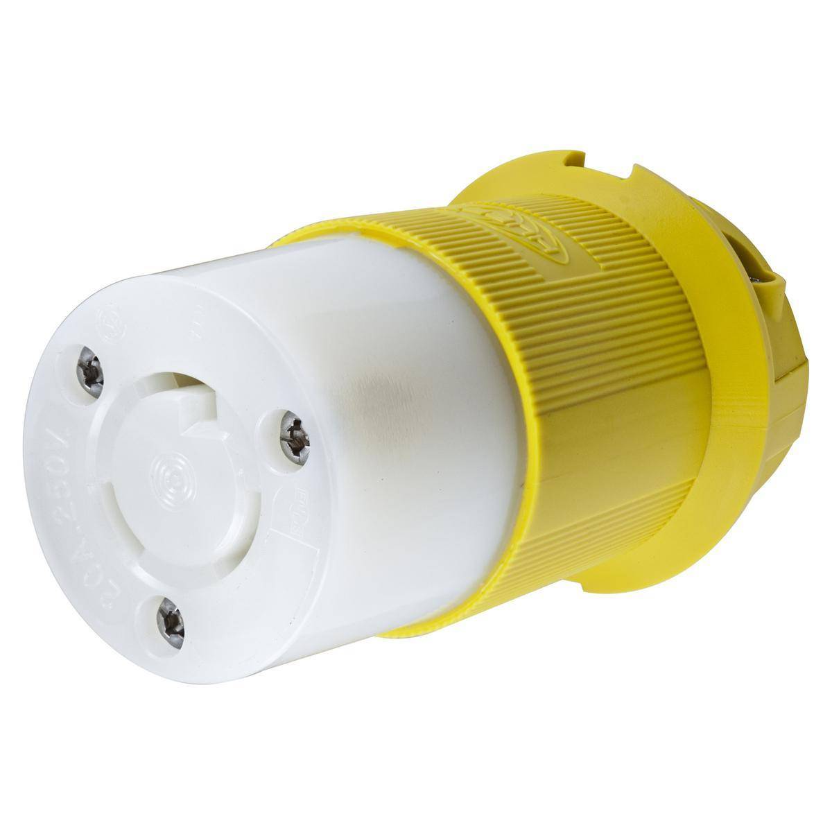 Wiring Device-Kellems Twist-Lock® Insulgrip® HBL23CM23 Heavy Duty Isolated Grounding Standard Sized Cord Mount Female Connector, 250 VAC, 20 A, 2 Poles, 3 Wires, Yellow